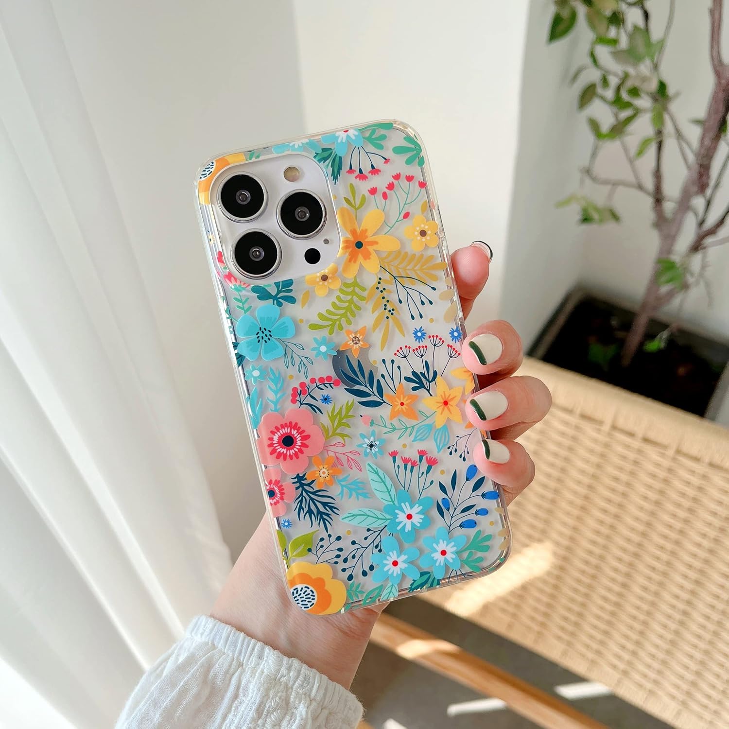 JAHOLAN - Funda Transparente Compatible Con IPhone 13 Pro Con Flores, Para Niñas Y Mujeres, A Prueba De Golpes Con Patrón Floral Con Purpurina, Carcasa Rígida Para Teléfono De 6.1 Pulgadas 2021