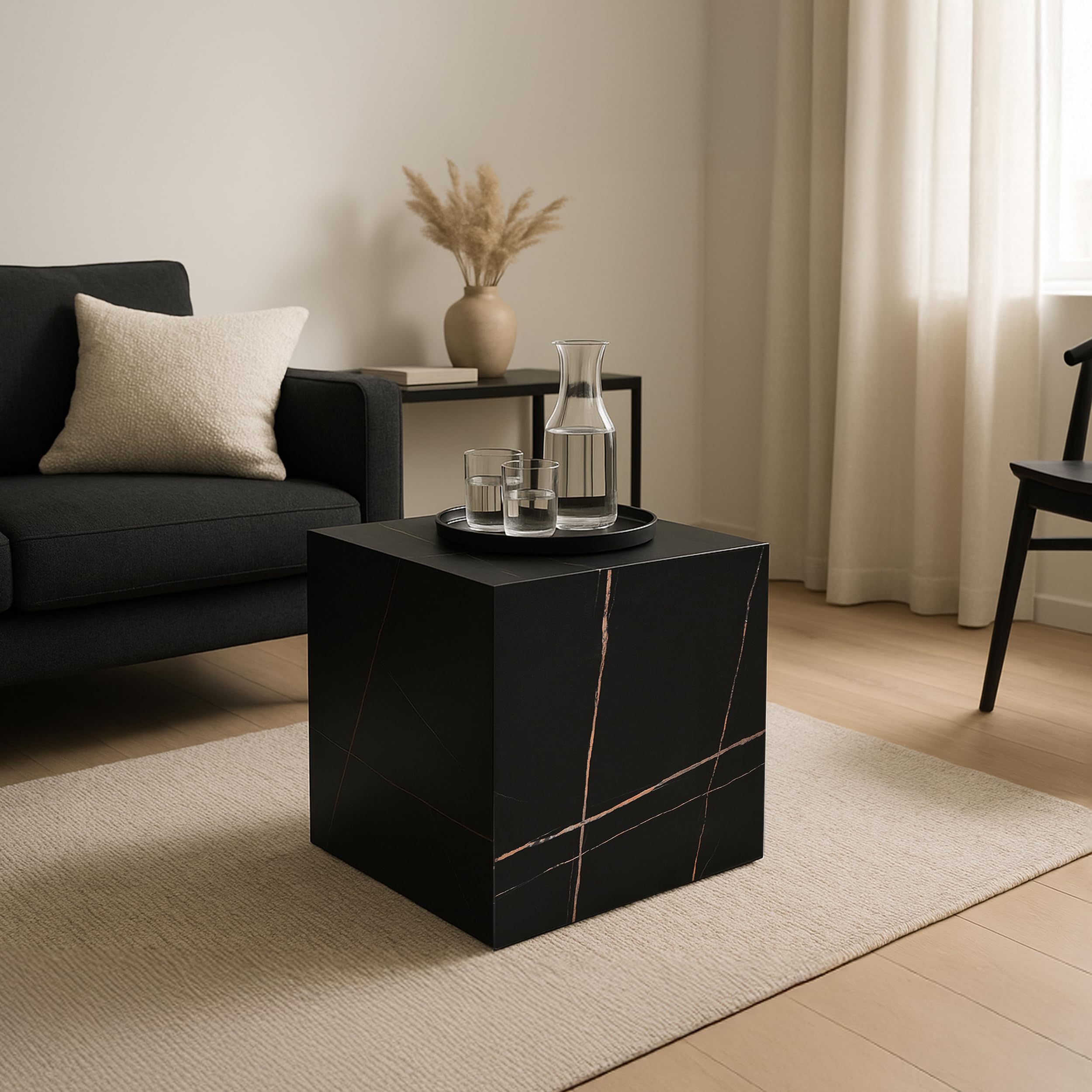 [en.casa] Mesa Auxiliar Ellelu en Forma de Cubo para Salón Dormitorio Recibidor Mesilla de Noche Montada Estable Versátil MDF 45 x 40 x 40 cm - Efecto Mármol Negro