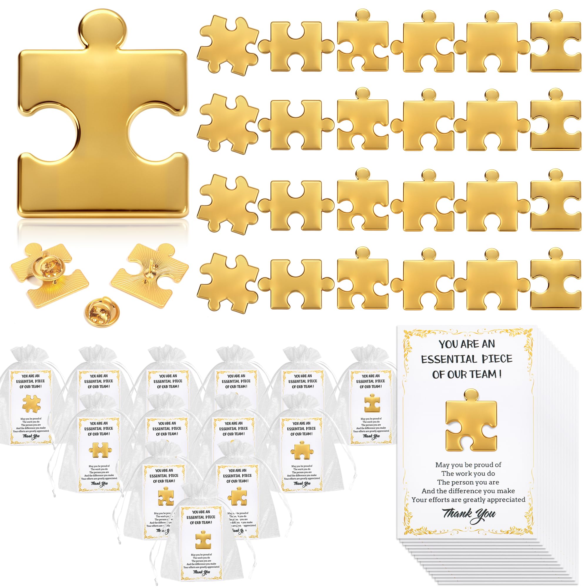 SINCCO 24/48/96 Sets Employee Appreciation Gifts Bulk, Inspirational Employee Of The Month Lapel Pins With Thank You Cards Small Puzzle Piece Gift for Coworkers, Office Staff, Team Building (Gold)