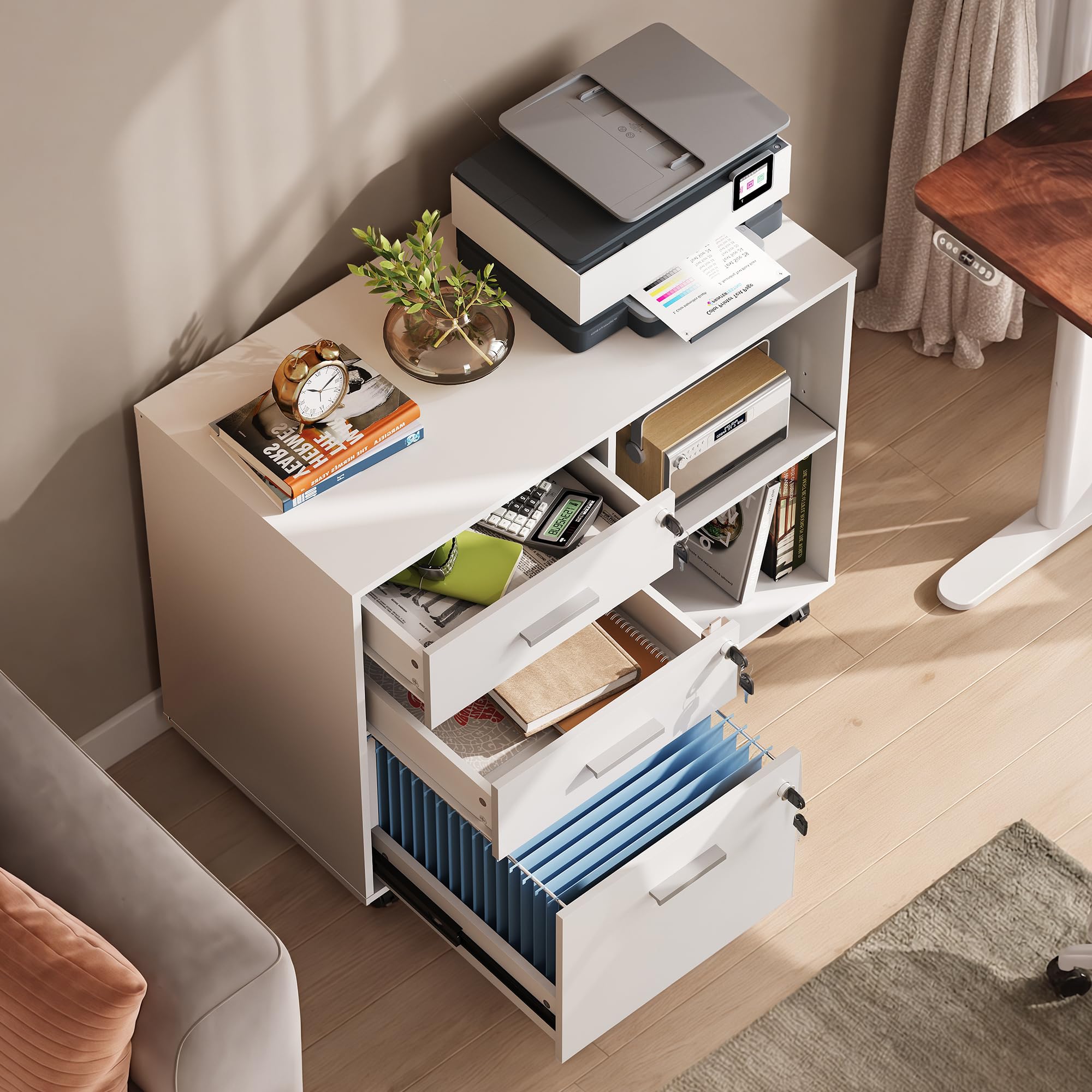 DEVAISE Caisson de Bureau Roulant 3 Tiroirs et étagères ouvrantes, Meuble Imprimante Rétro avec Plateau Bois, Meuble Rangement Bureau Mobile, Blanc