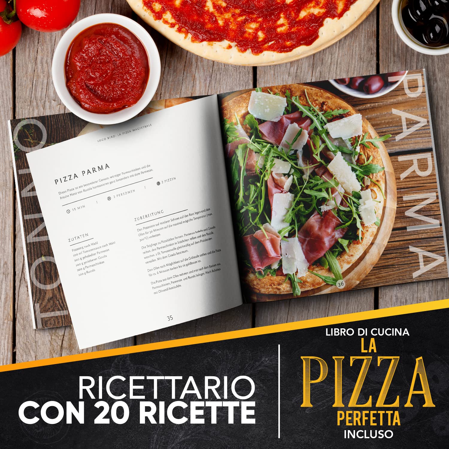 Loco Bird, pietra per pizza forno e barbecue a gas, con pala set da 3 pezzi, rettangolare in cordierite, pizze gustose come fatte Italia, libro di ricette (lingua italiana non garantita