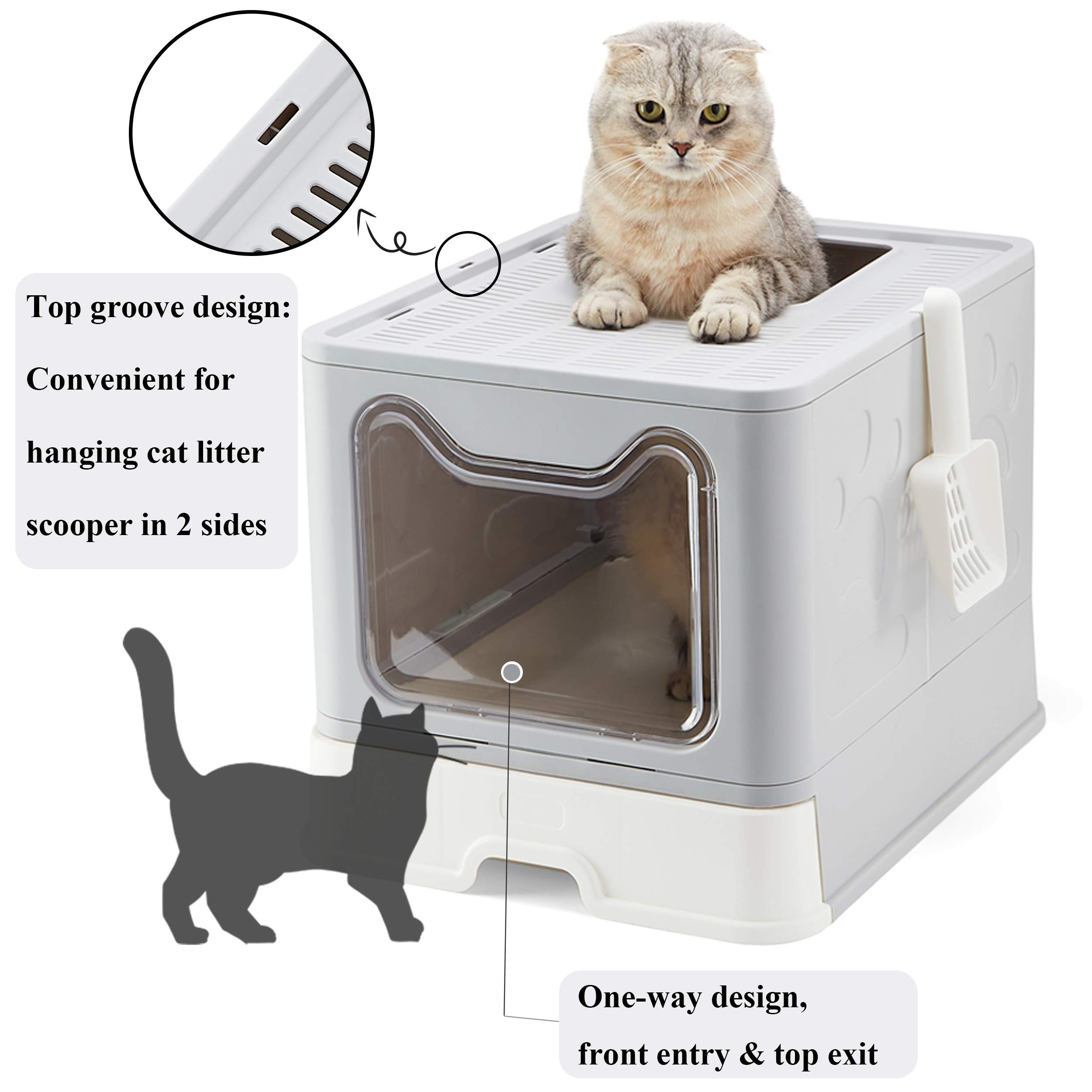 Vealind Foldable Cat Litter Box with Lid Front Entry & Top Exit XXL Extra Large Space Covered
