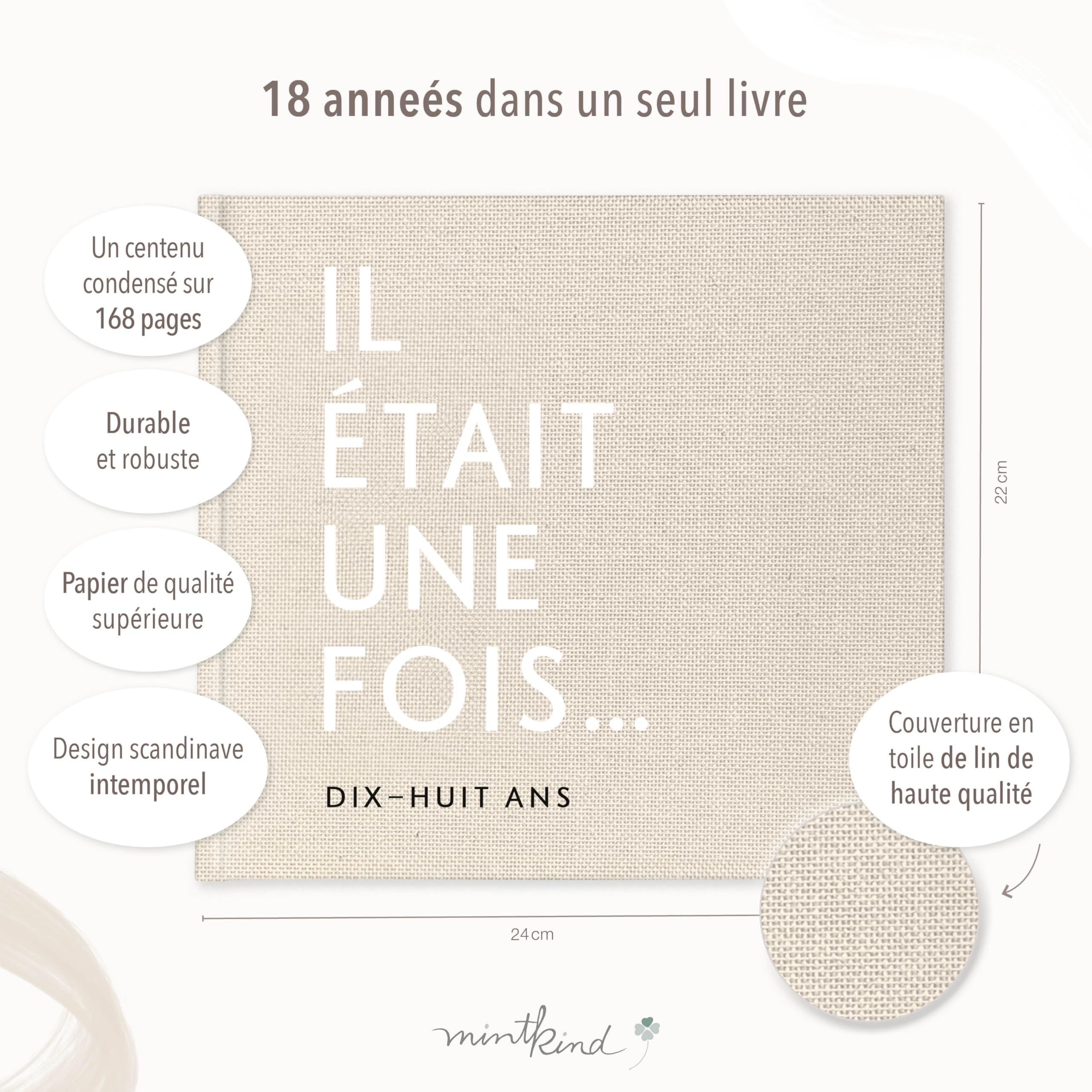 mintkind Livre de naissance bébé 0-18 ans – Album d'anniversaire à compléter, couverture en lin beige, souvenirs précieux, journal de bord pour bébé, étapes importantes et moments marquants
