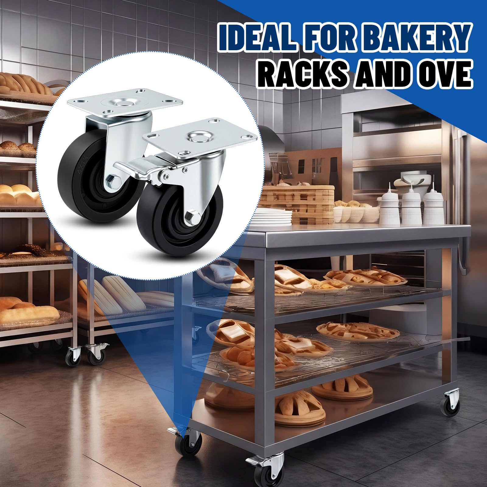 Set di 4 ruote piroettanti da 4 pollici per carrelli da panetteria, resistenti alle alte temperature, girevoli, in acciaio zincato, 446°F (230°C), ruote di ricambio per forno e panetteria, portata
