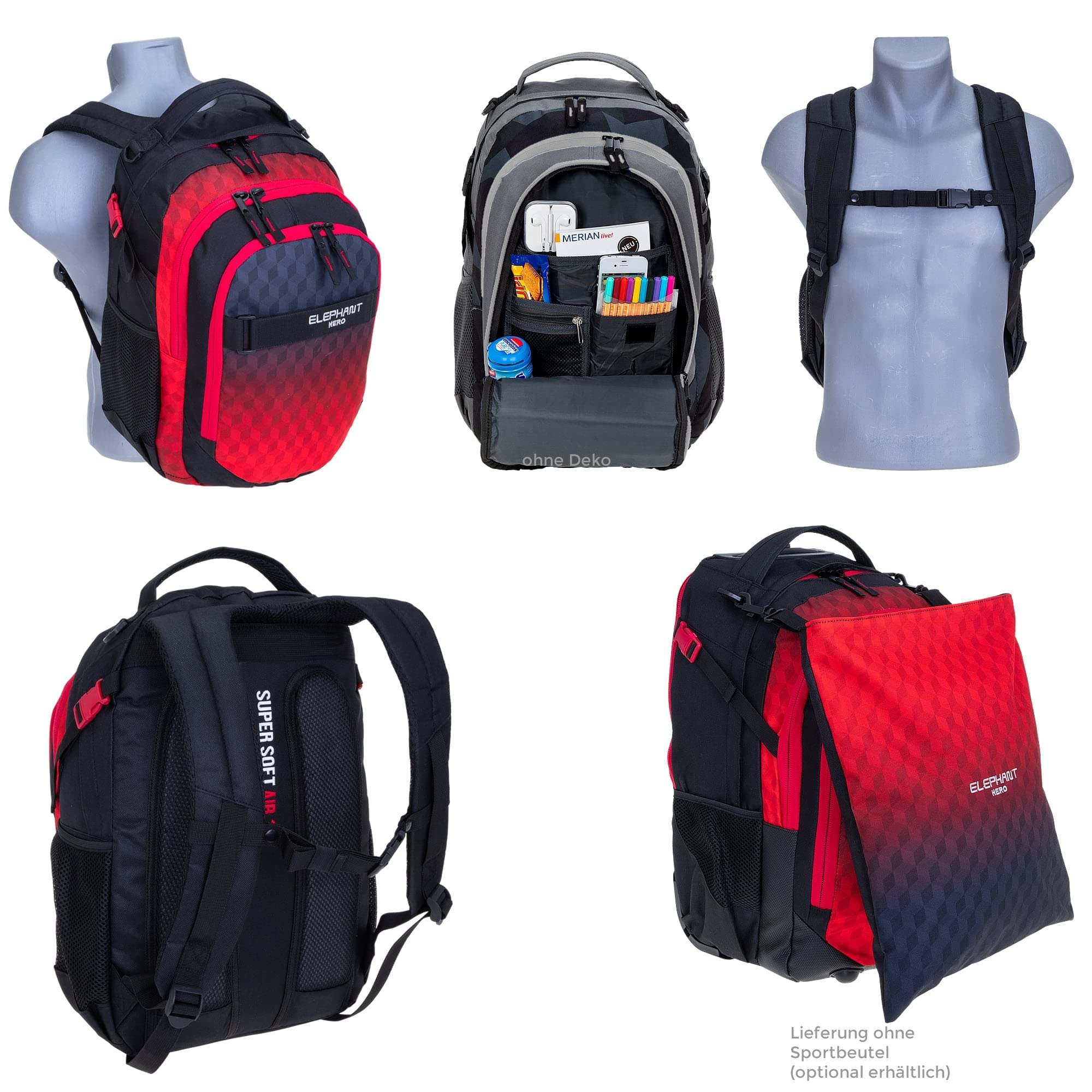 Elephant Schulrucksack Rucksack 3tlg.Set 12868 Red Cube +rsm | 3 Teile Bag Pack Rucksack Schultasche Sporttasche Mäppchen Box Schule Jungen Mädchen Laptopfach Rot Schwarz