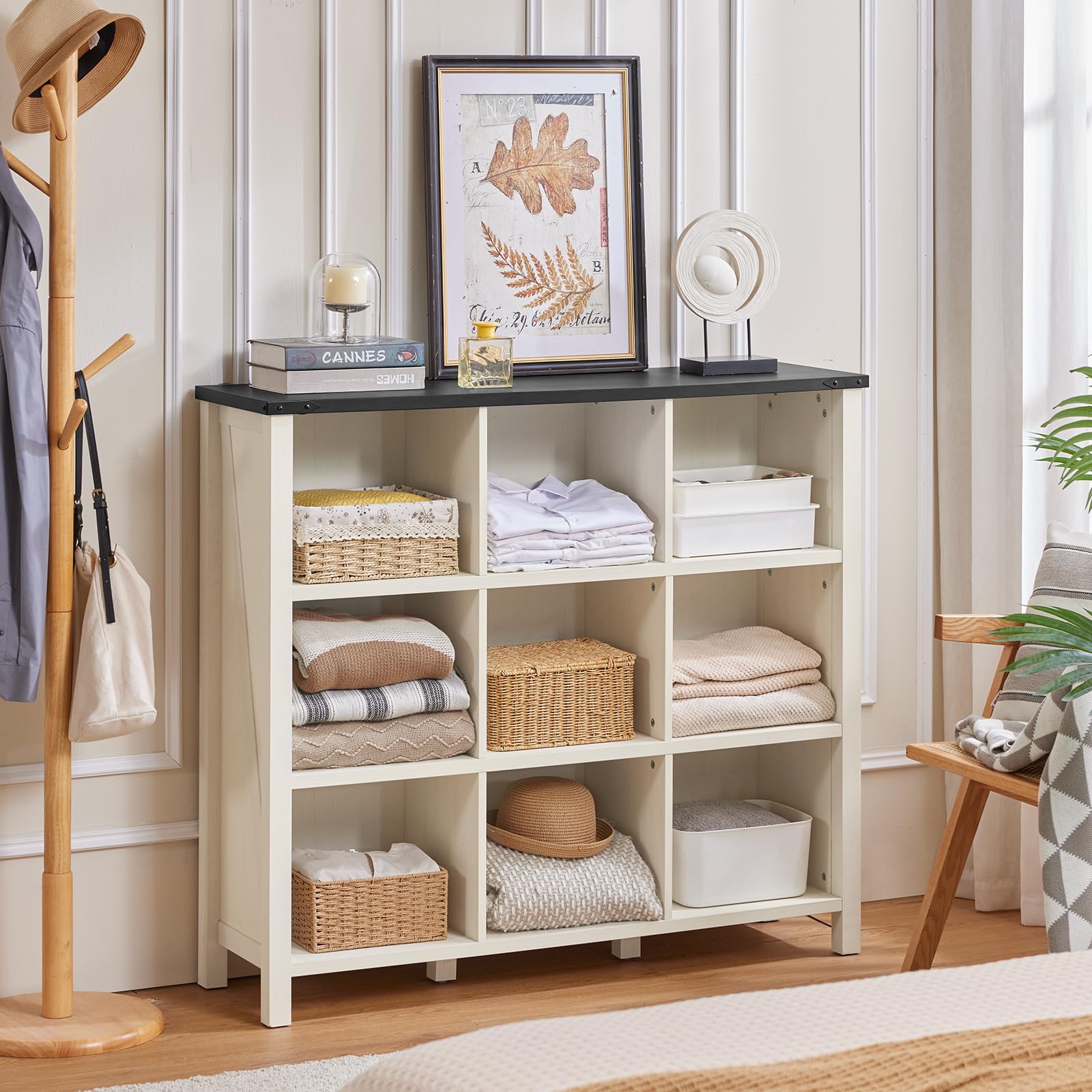 Joaxswe 9 Cube Bookcase, Farmhouse 47 Inch Wide White Bookshelf, Wooden 3 Tier Display Large Open Book Shelf, Vintage Horizontal Book Case for Home