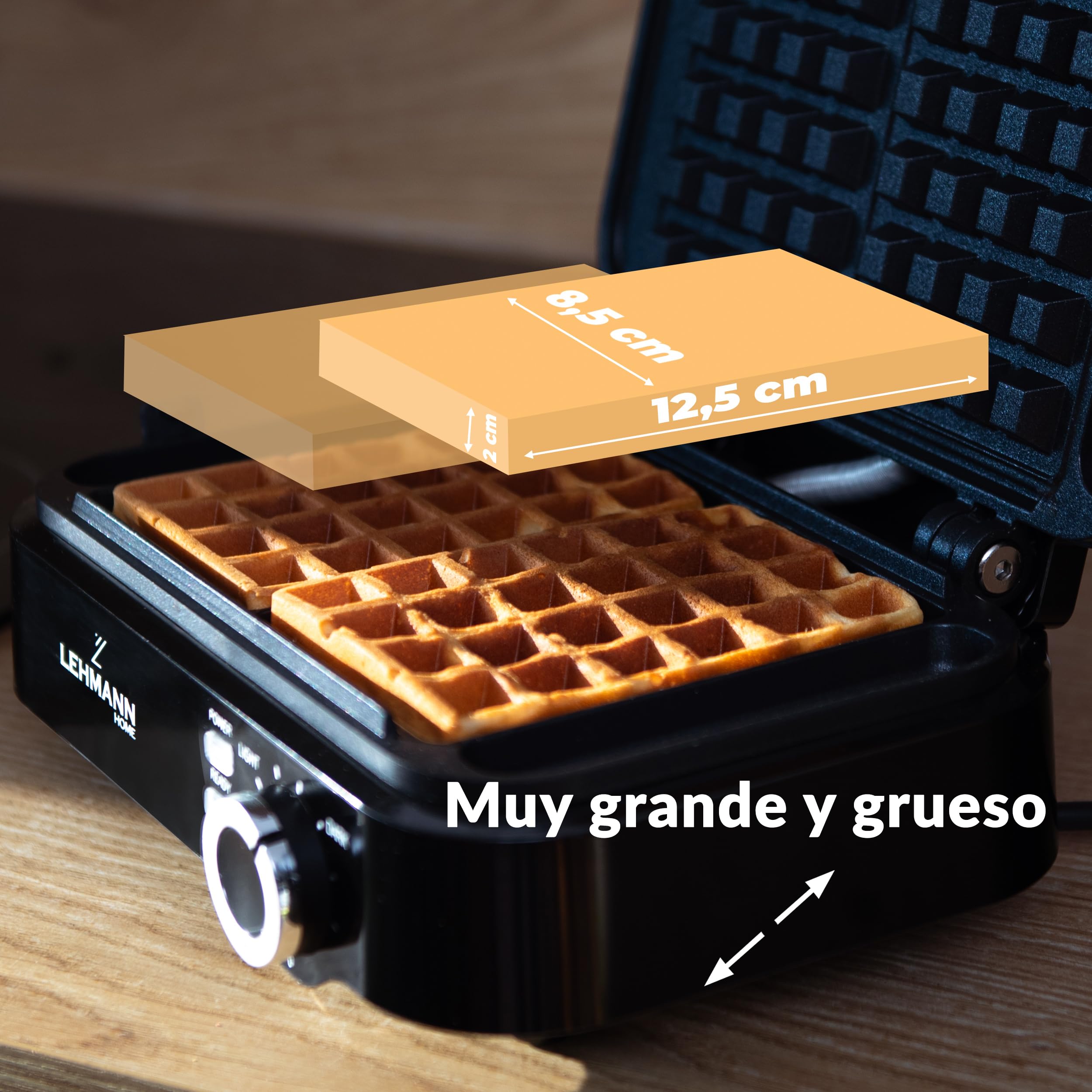 LEHMANN LHOWM-1226 Gofrera Doble Eléctrica 1200W, Maquina de Waffles para 2 Gofres Belgas, Revestimiento Antiadherente, Ajuste de Temperatura hasta 240°C, Limpieza Rápida y Sencilla