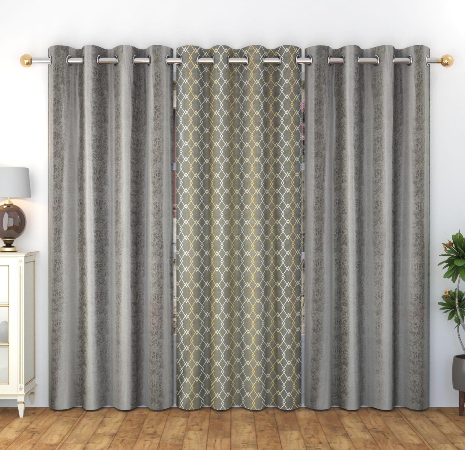 WO FLORA Long Door Curtains Check Design for Drawing Room/Living Room/Hall Room Parde for Window, Grey Color 9 Feet 3 Pcs Set Curtains