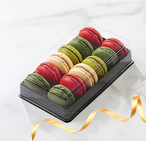 Pastry Chefs Boutique Cajas de regalo pequeñas de plástico con base transparente y negra capacidad para 12 macarrones tamaño de cavidad 176 x 1