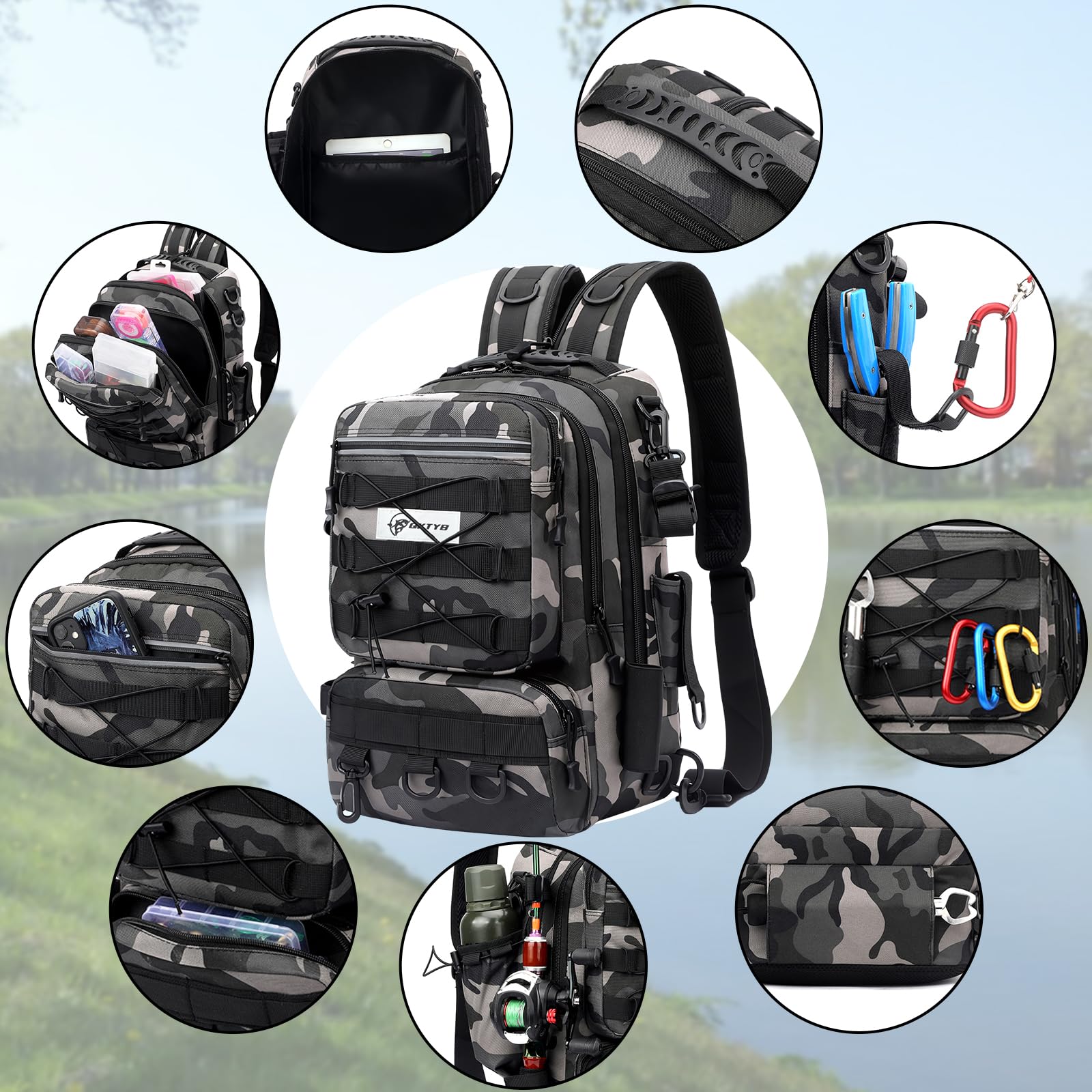 QKTYB Mochila de Pesca Grande con Portacañas, Mochila Impermeable con Cremallera, Bandolera Acolchada para Equipo de Pesca, Multibolsillos de Tela Oxford para Senderismo, Caza y Viajes