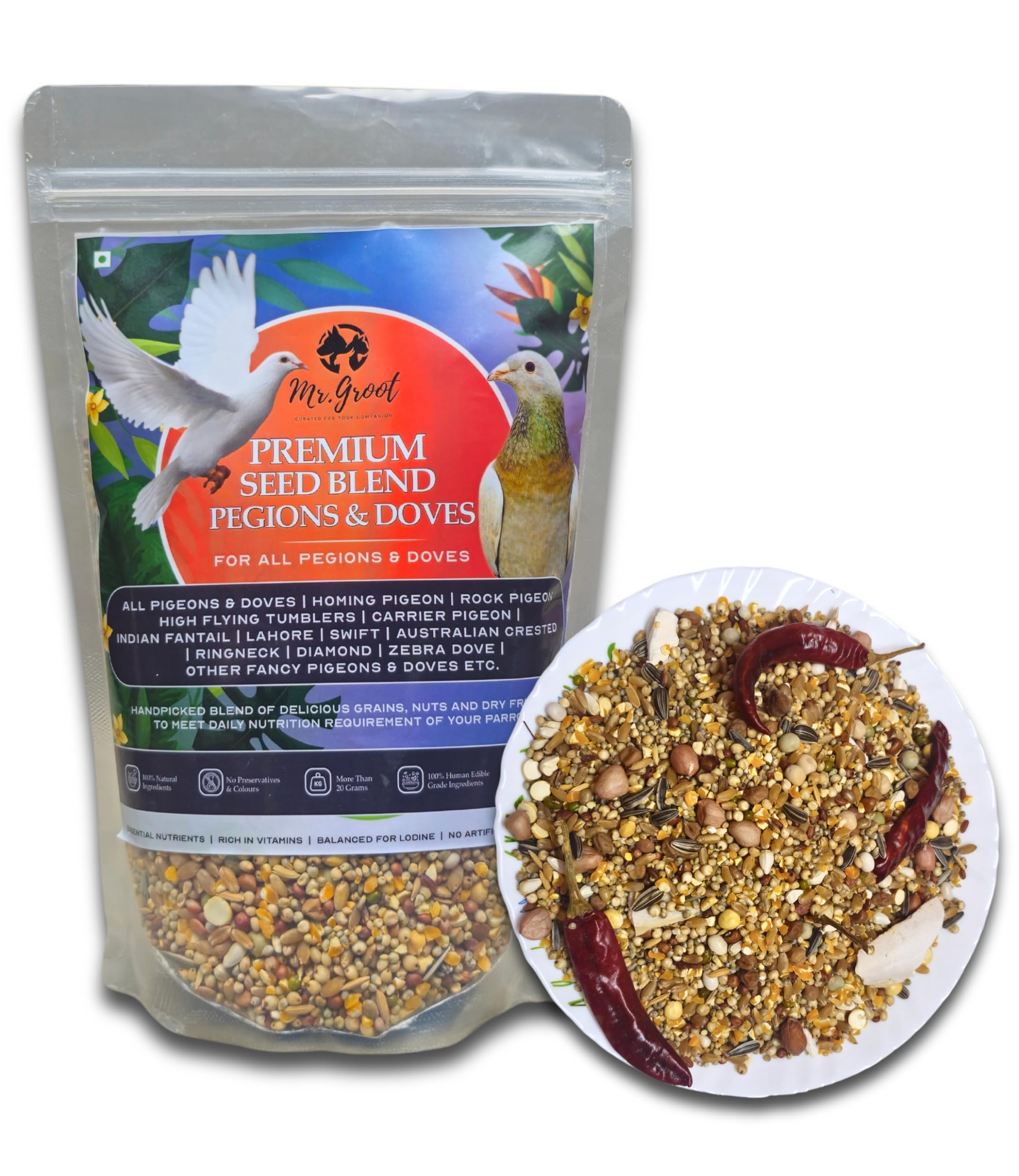 Mr. Groot Premium Seed Blend for Pigeons & Doves. Handpicked Blend of 10 Grains & Nuts, Fortified with Spirulina, Bird Food for All Life Stages 950g