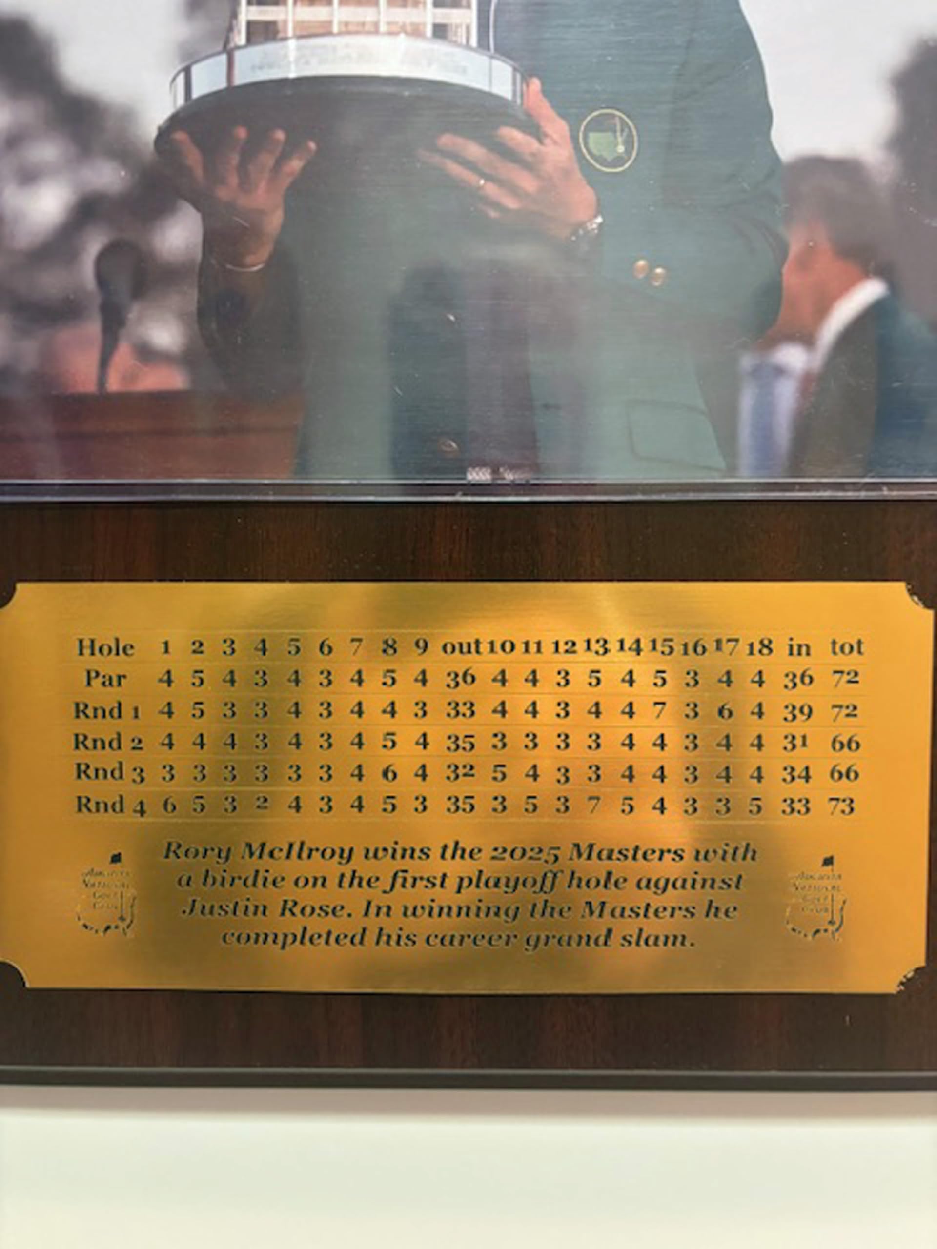 2025 Masters champion Rory McIlroy 8x10 Photograph Plaque with an engraved 4 day scorecard nameplate (Oak)