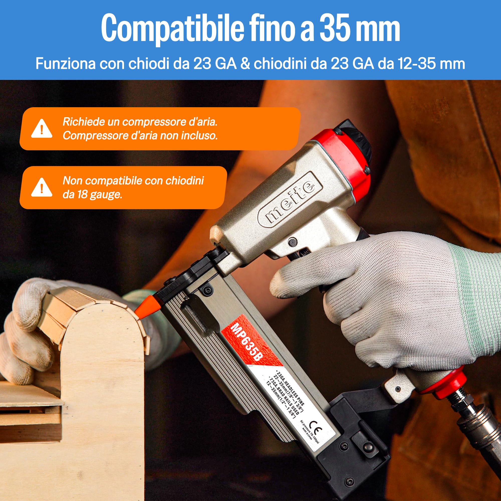 meite MP635B Chiodatrice Pneumatica a Spillo 23GA, Pistola ad Aria per Chiodi Micro da 12–35 mm, Ideale per Pannellature, Rifiniture Sottili, Modanature e Lavori di Artigianato