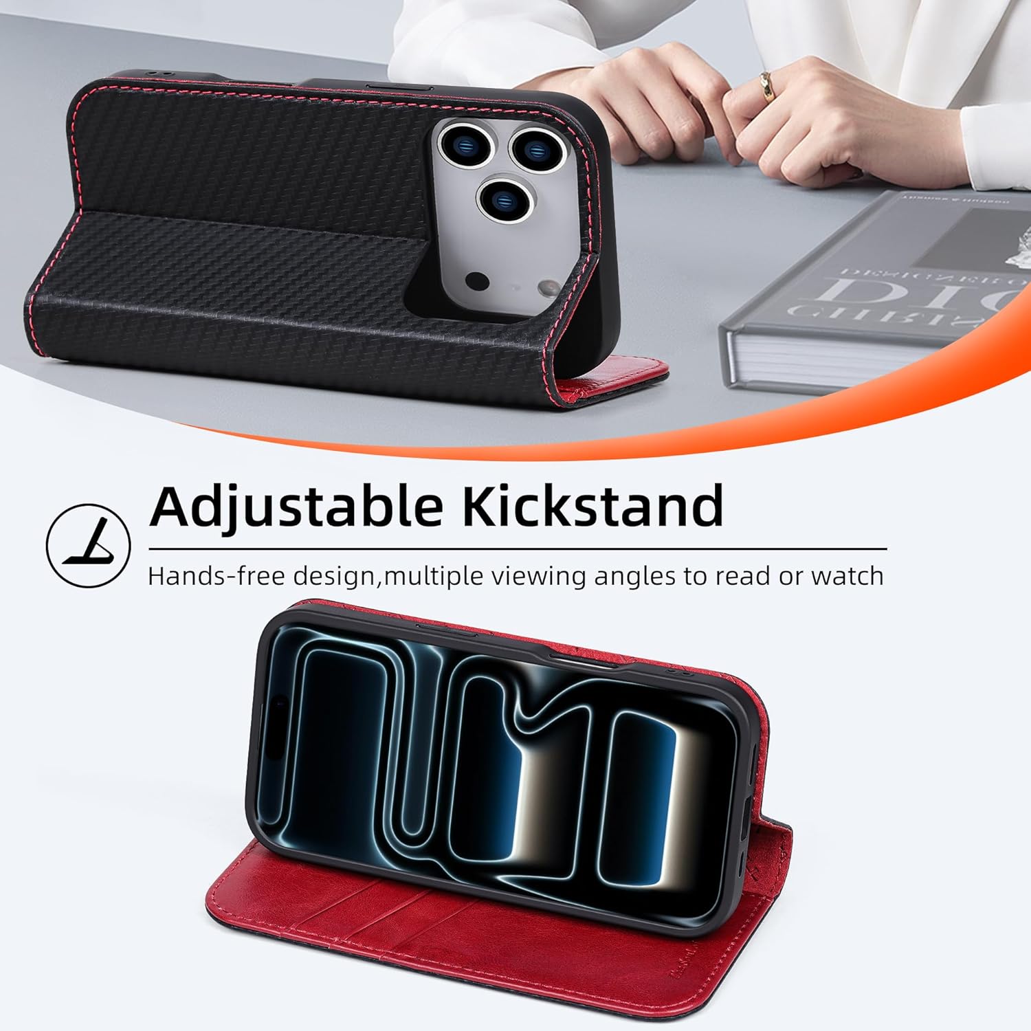 VISOUL Wallet Case for iPhone 17 Pro, Carbon Fiber Leather Wallet Magnetic Cover with RFID Blocking Card Holder Kickstand Flip Folio Case Compatible with iPhone 17 Pro (6.3-inch)-Black+Red