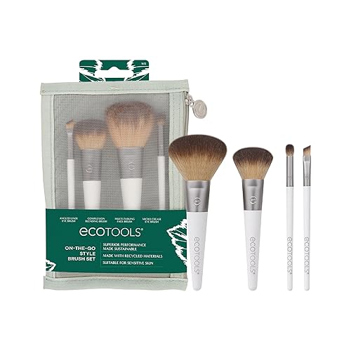 EcoTools Kit de brochas de maquillaje para llevar, juego de brochas aptas para viajes, prácticas herramientas de maquillaje para polvos, rubor,