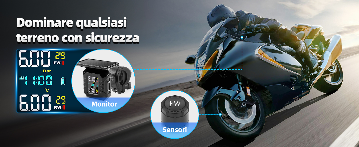 TPMS per moto e auto, compatibile con Bluetooth 5.0, sistema di monitoraggio della pressione dei pneumatici, 2000 A/1200 A, con avviatore di emergenza