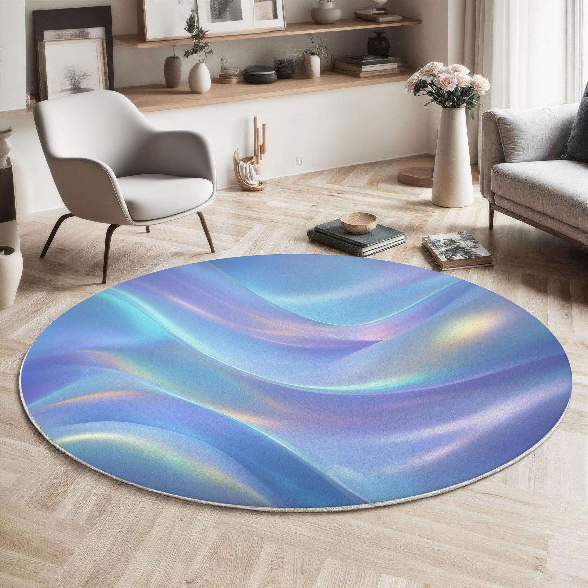 Tapis rond vagues dégradées bleu 100cm antidérapant et doux pour sol de chambre à coucher