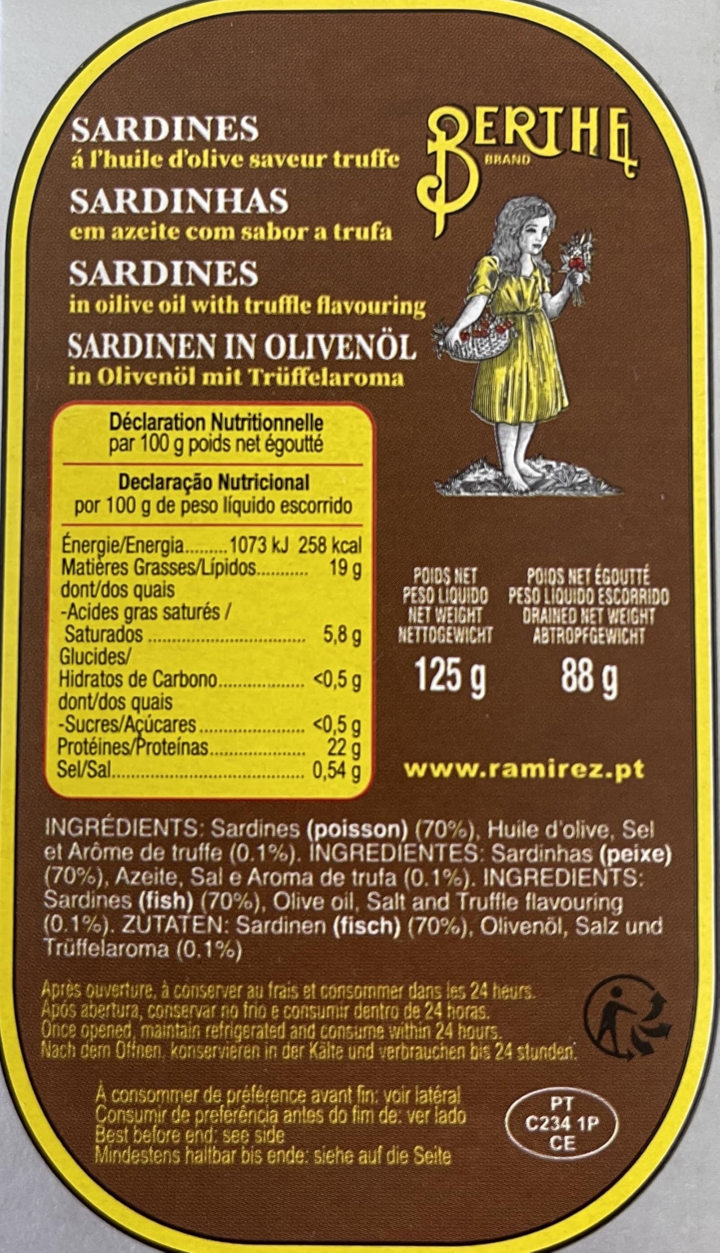 Berthe – Pack de 6 Sardines à l’huile d’olive saveur truffe – 125 g - Portugal