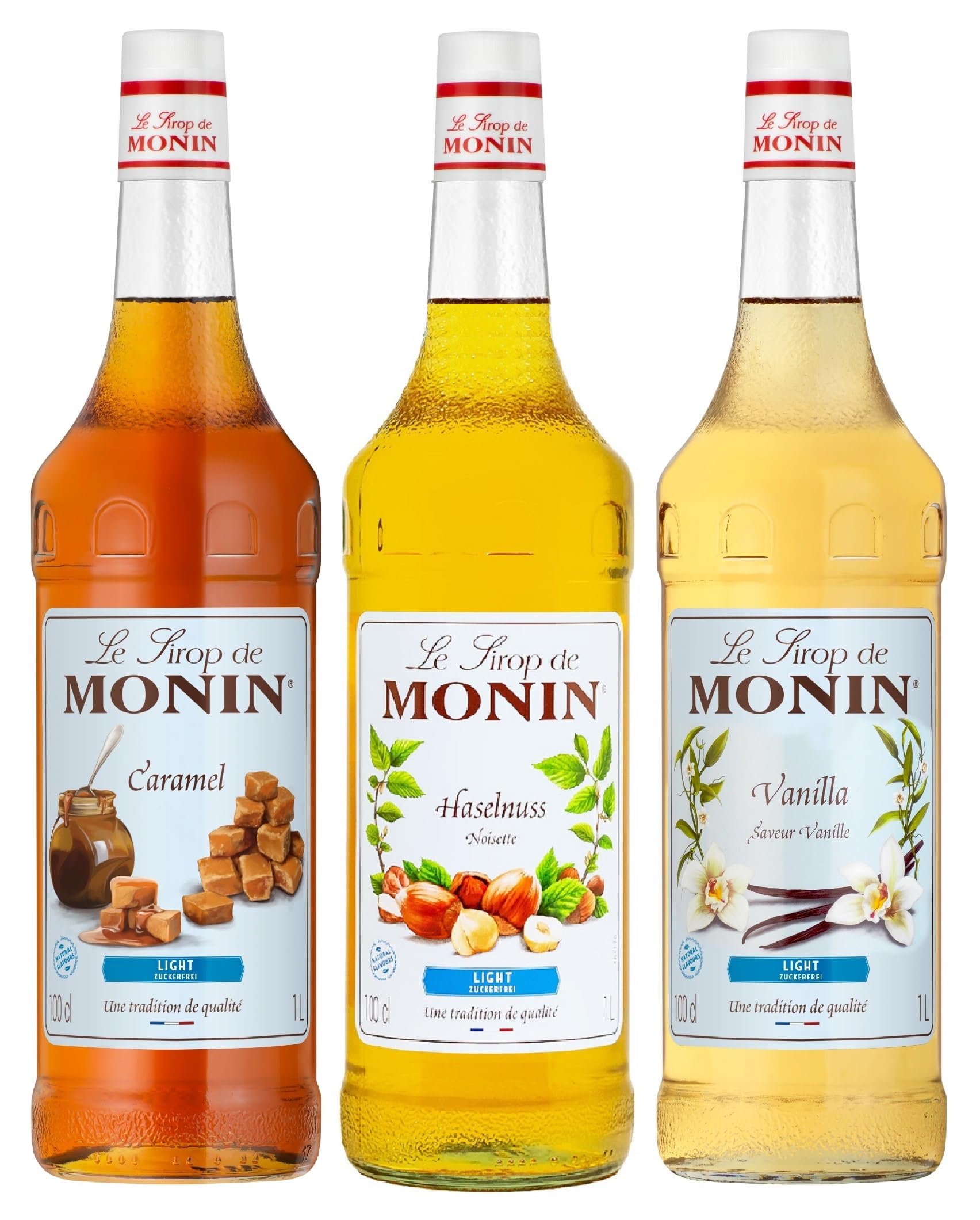 Monin Light Mix 3 x 1l Sirup Probierpaket für Kaffee Milchshakes und Desserts zuckerreduzierte Vanille - Karamell und Haselnuss