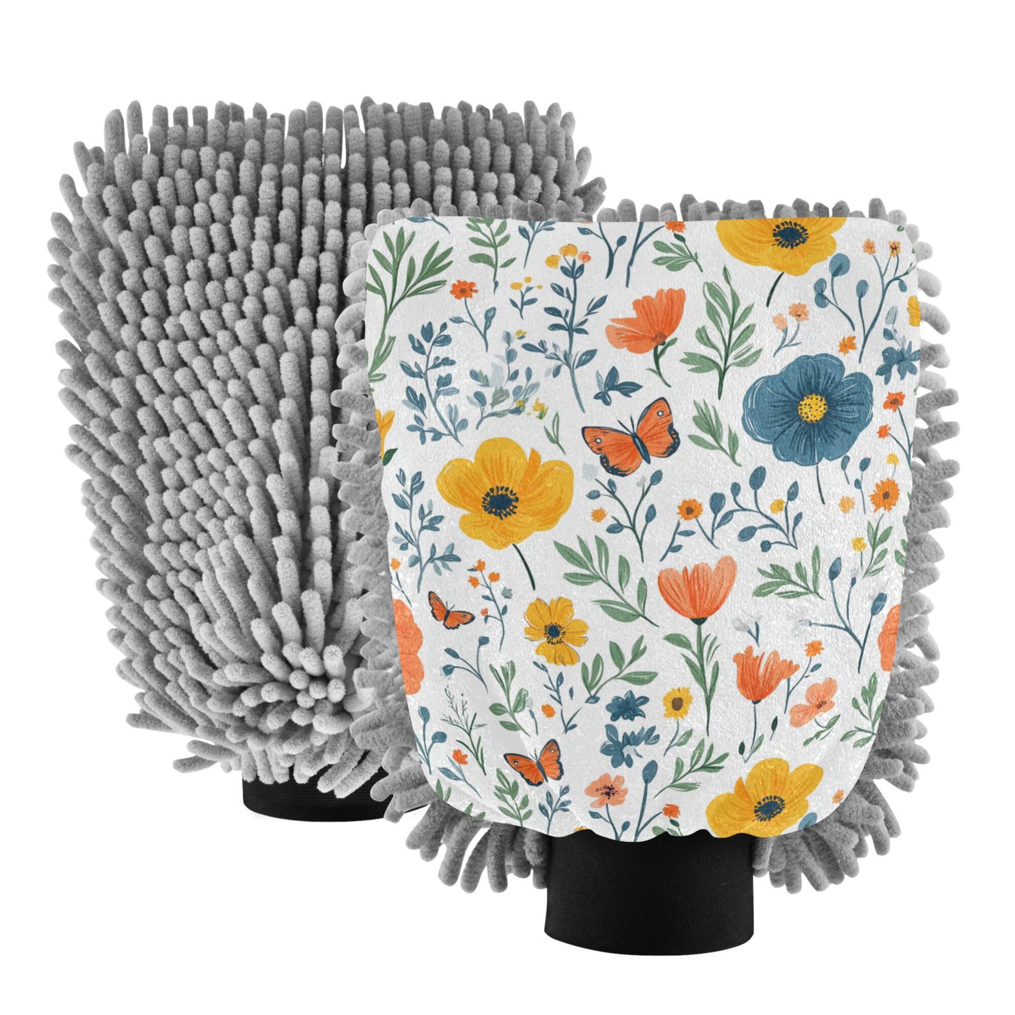 Florals Dahlia Anemone Butterflies Bees White Car Washing Mitts Microfiber 2 Pack Car Washing Glove Scratch-Free Washer Sponge for Hand Brush Cleaning