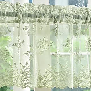 Kotile Light Sage Green Sheer Valance Curtain for Windows, Rustic Floral Muted Green Window Lace Curtain 18 Inch Length, Rod Pocket Light Filtering Valance, 52W x 18L Inch, 1 Panel - Buy now
