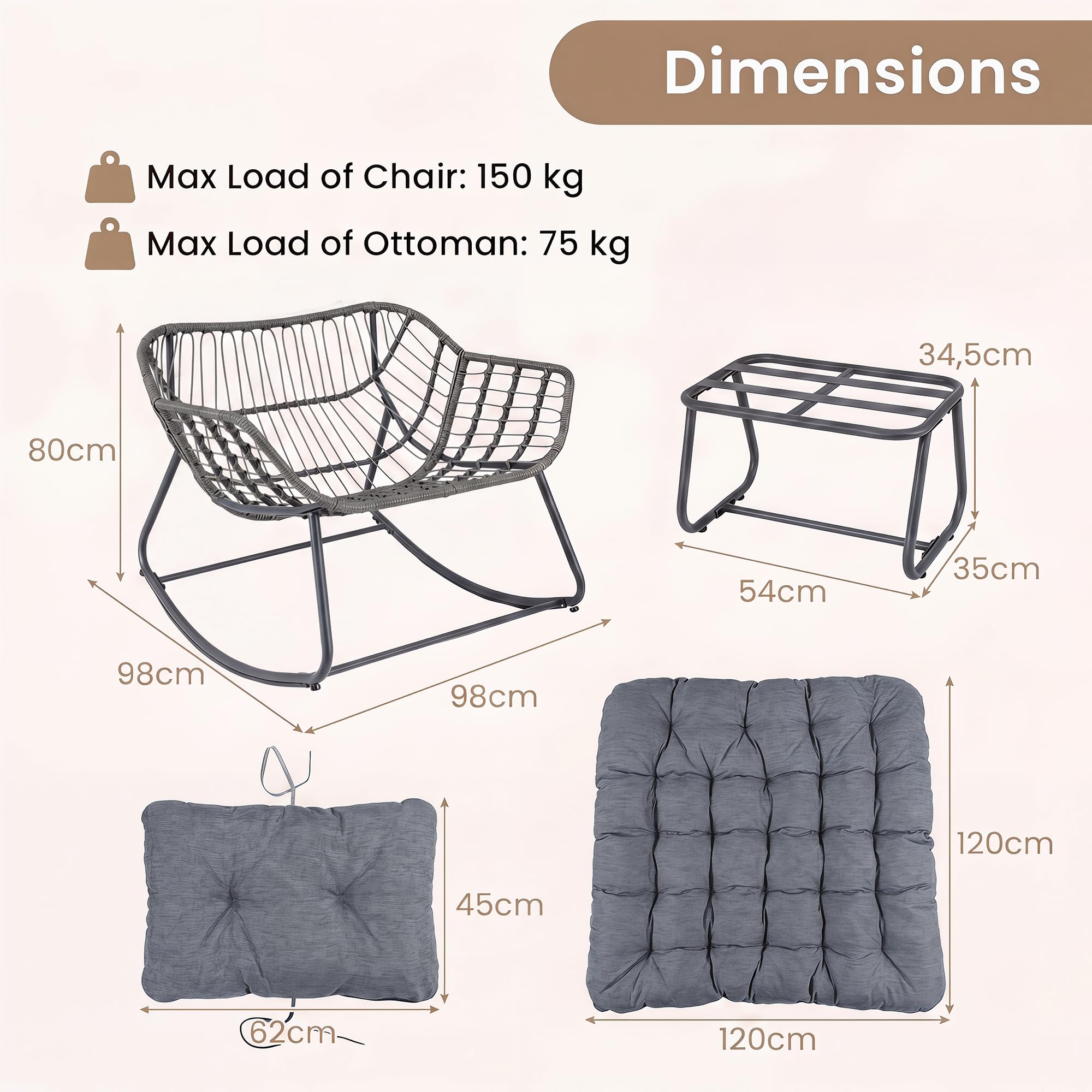 GIANTEX Fauteuil a Bascule avec Repose-Pied, Chaise a Bascule Surdimensionné avec Assise en Rotin PE, Coussin Amovible Rembourré, Cadre Métallique Robuste, pour Salon, Balcon, Jardin (Gris)