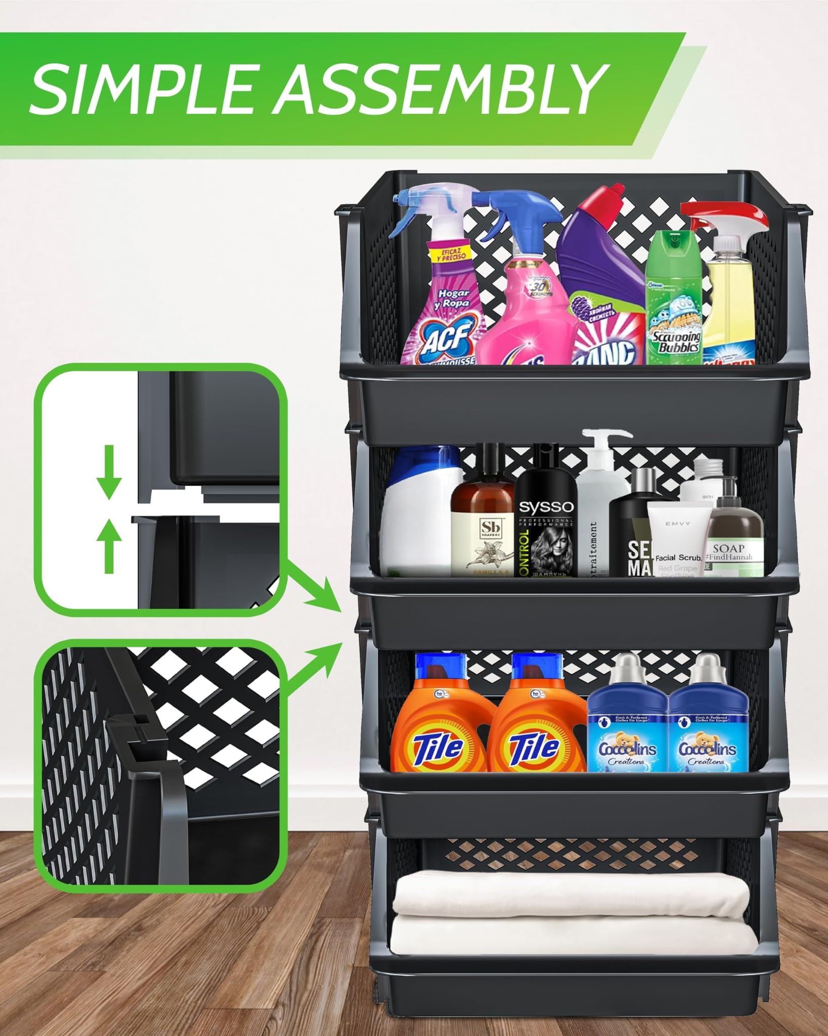 Skywin Contenedores apilables grandes de plástico para despensa, paquete de 4 contenedores apilables para organizar alimentos, cocina y artículos esenciales de baño (negro), SW-2310-T1708SBRBL4