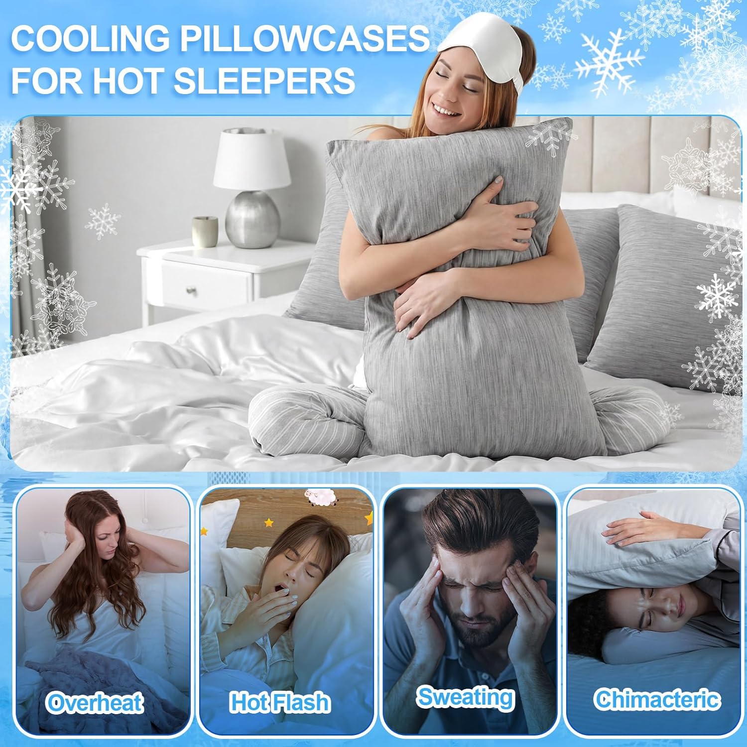 4 Pack Cooling Fiber Pillowcases Double Side Q-Max >0.45 for Hot Sleeper Night Sweat, Breathable Cooling Hidden Zipper 20"x30" Grey Zipper Pillow
