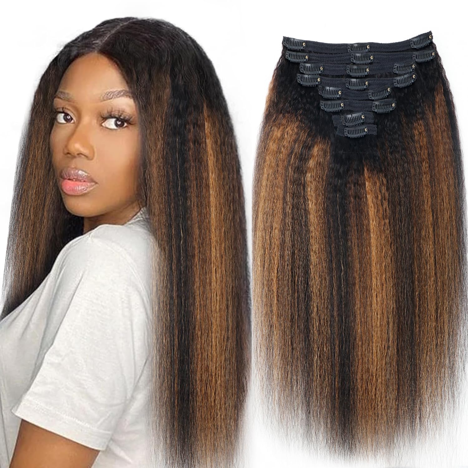 Kinky Straight Clip in Hair Extensions Real Human Hair For Women Highlight Hair Extensions Kinky Straight Clip ins (20inch,T1BP1B/30)