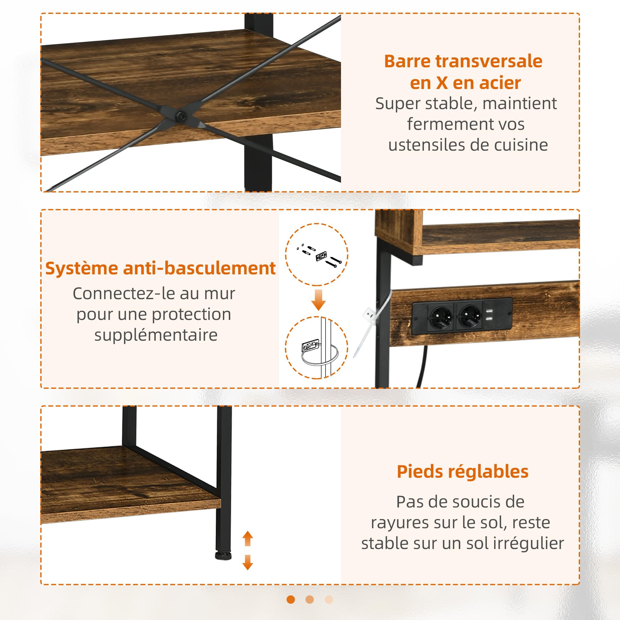 HOMCOM Étagère de Cuisine Support pour Micro-Ondes Meuble de Rangement Industrielle avec 2 Prises USB et Prise de Courant, 5 Crochets, Étagère Réglable, 60 x 42 x 153 cm, Marron Rustique