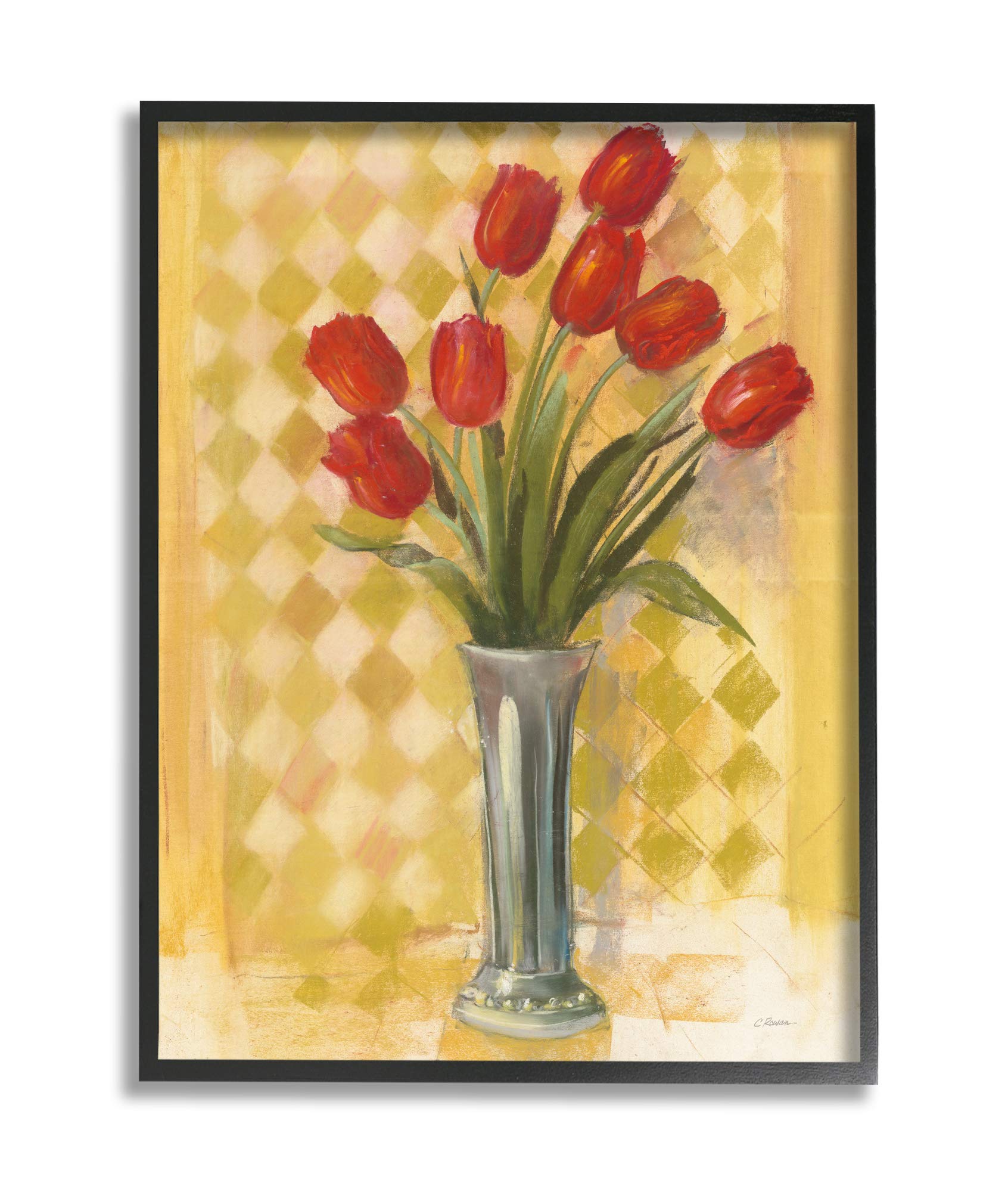 Stupell Industries Red Tulip Vase Over Yellow Checker Plaid, Design by Carol Rowan Black Framed Wall Art, 11 x 14