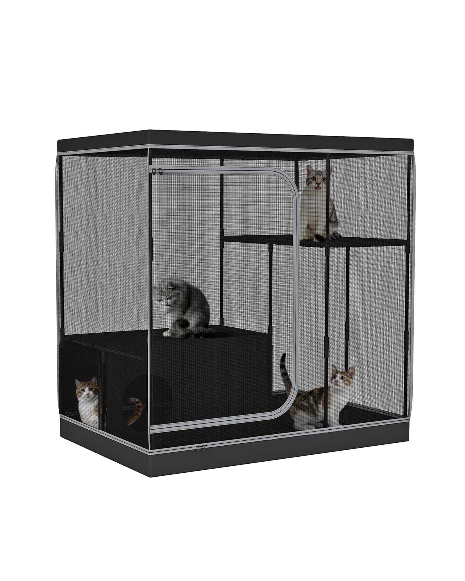 DINMO Jaula Grande para Gatos con Área para Arenero, Corralito de Interior para Gatos Adultos, Gatitos y Animales Pequeños, Caseta Multinivel con Suelo Impermeable, Negro