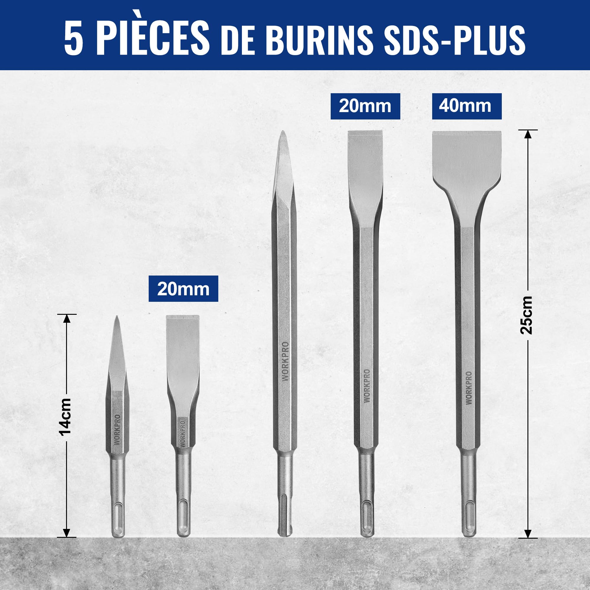 WORKPRO Jeu de Forets et Burins SDS Plus 17 Pièces, Forets à Béton avec Burins Pointus et Plats pour Maçonnerie