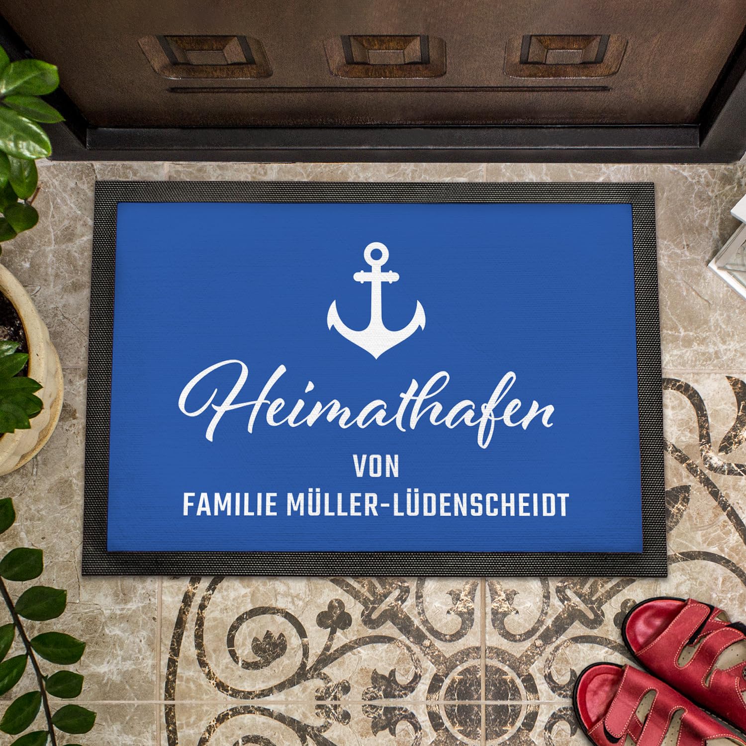 Personalisierte Fußmatte Heimathafen | Maritime Schmutzfangmatte für innen und außen | mit Wunschnamen Bedruckt | für Wohnungstür Haustür Eingangstür | Geschenkidee für Paare zum Einzug | 75 x 50 cm