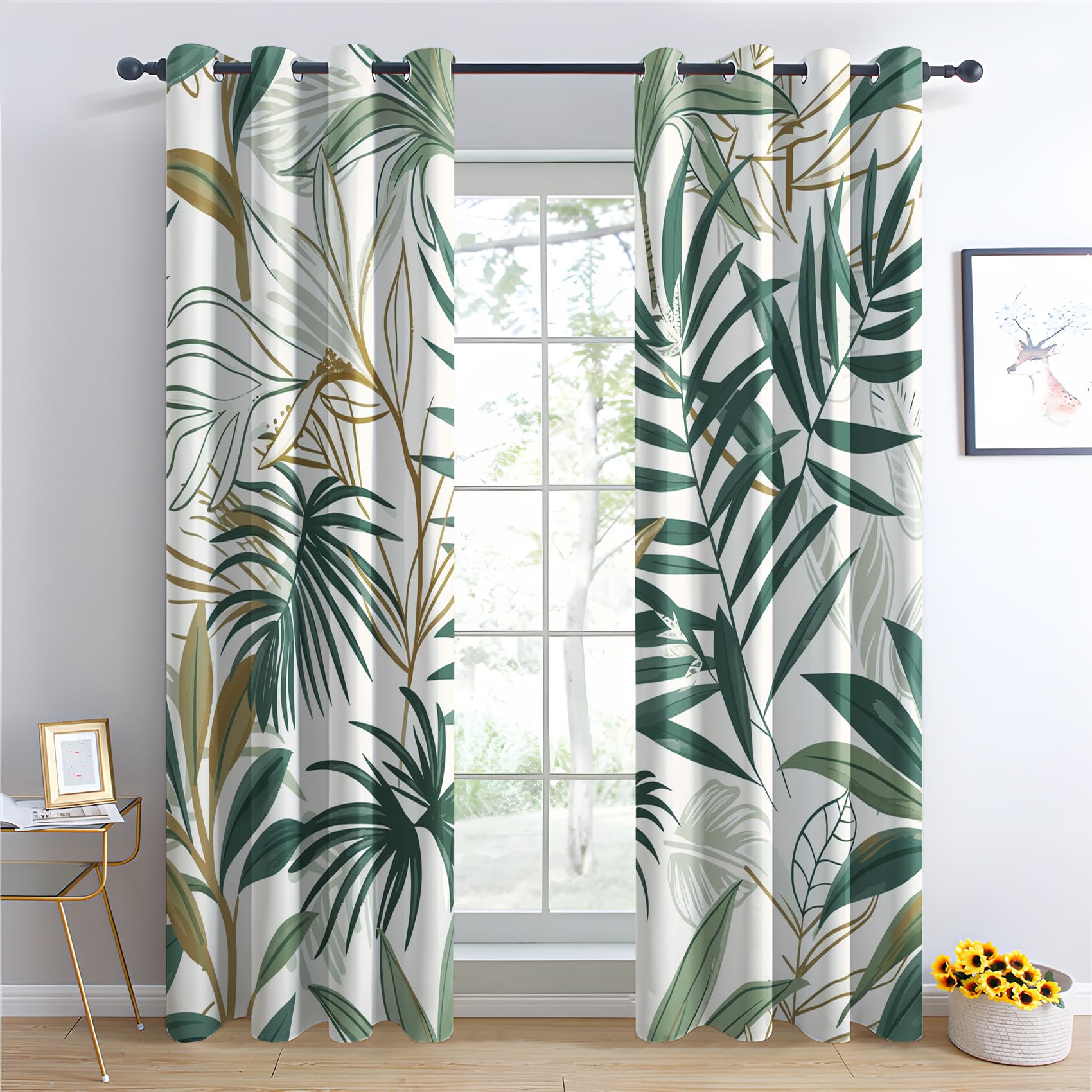 Rideau Occultant Feuilles Vertes, Rideaux Thermiques à Oeillets pour Chambre, Motif Tropical Rideaux Salon, Moderne Lot de 2 Décoration de Fenêtre, Rideaux 140x240cm LxH (Gv-&286)