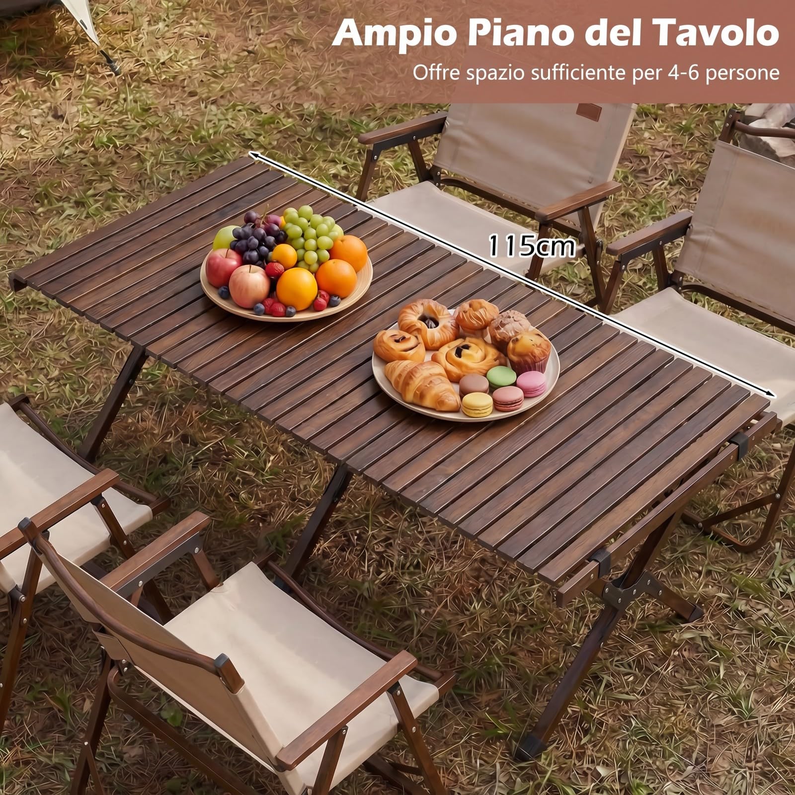 COSTWAY Tavolo da Picnic Pieghevole e Portatile, 122 x 60 cm, Tavolo da Campeggio in Legno Massello a 4-6 Posti, con Piano Arrotolabile e Borsa da Trasporto, per Balcone, Cortile e Mercato (Marrone)