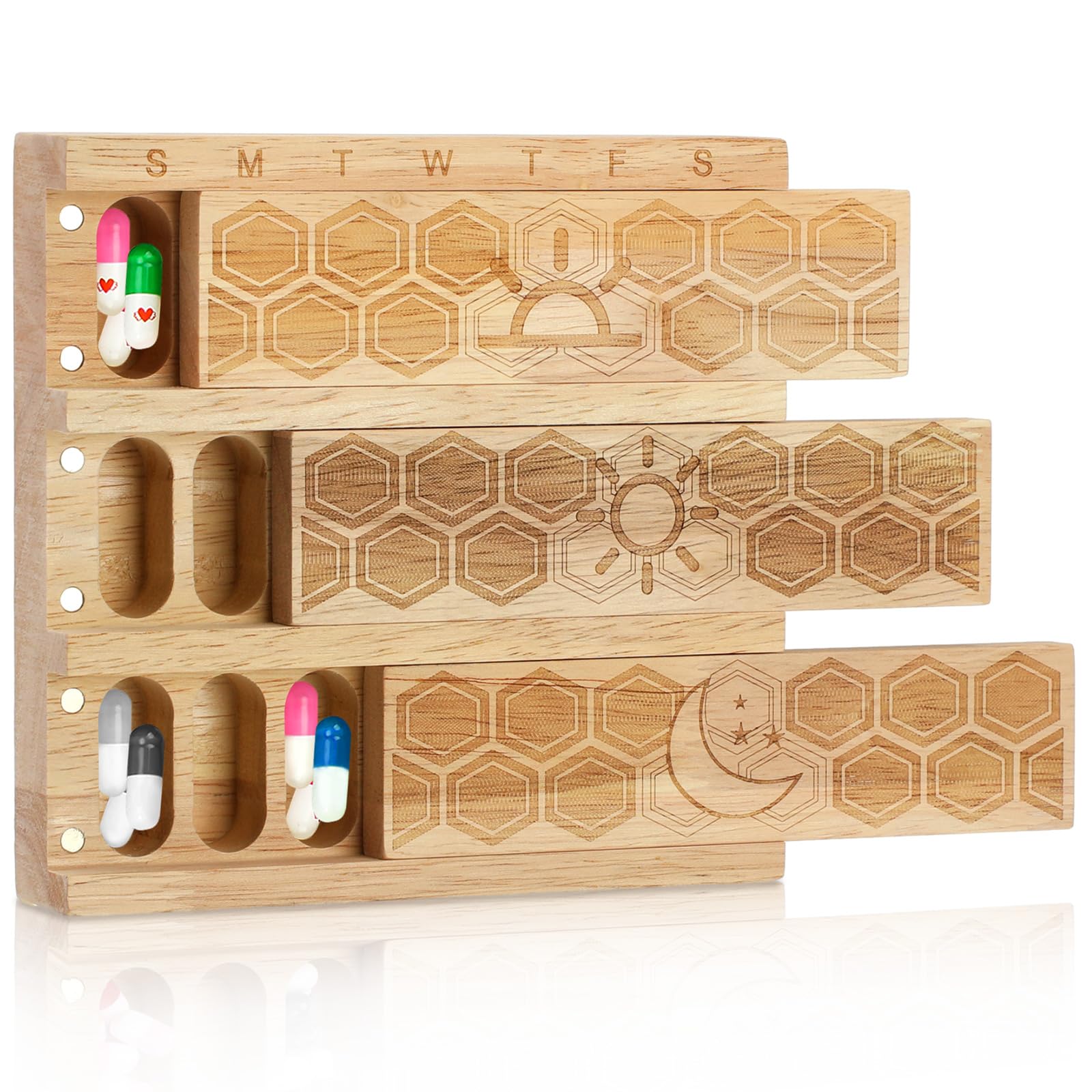 Hushee Wood Weekly Pill Organizer 3 Times a Day 7 Day Large Medicine Box Holder Daily Medication Case Vitamin Dispenser Pill Sorter Fish Oil Containers for Weekly Supplements Outdoor Travel