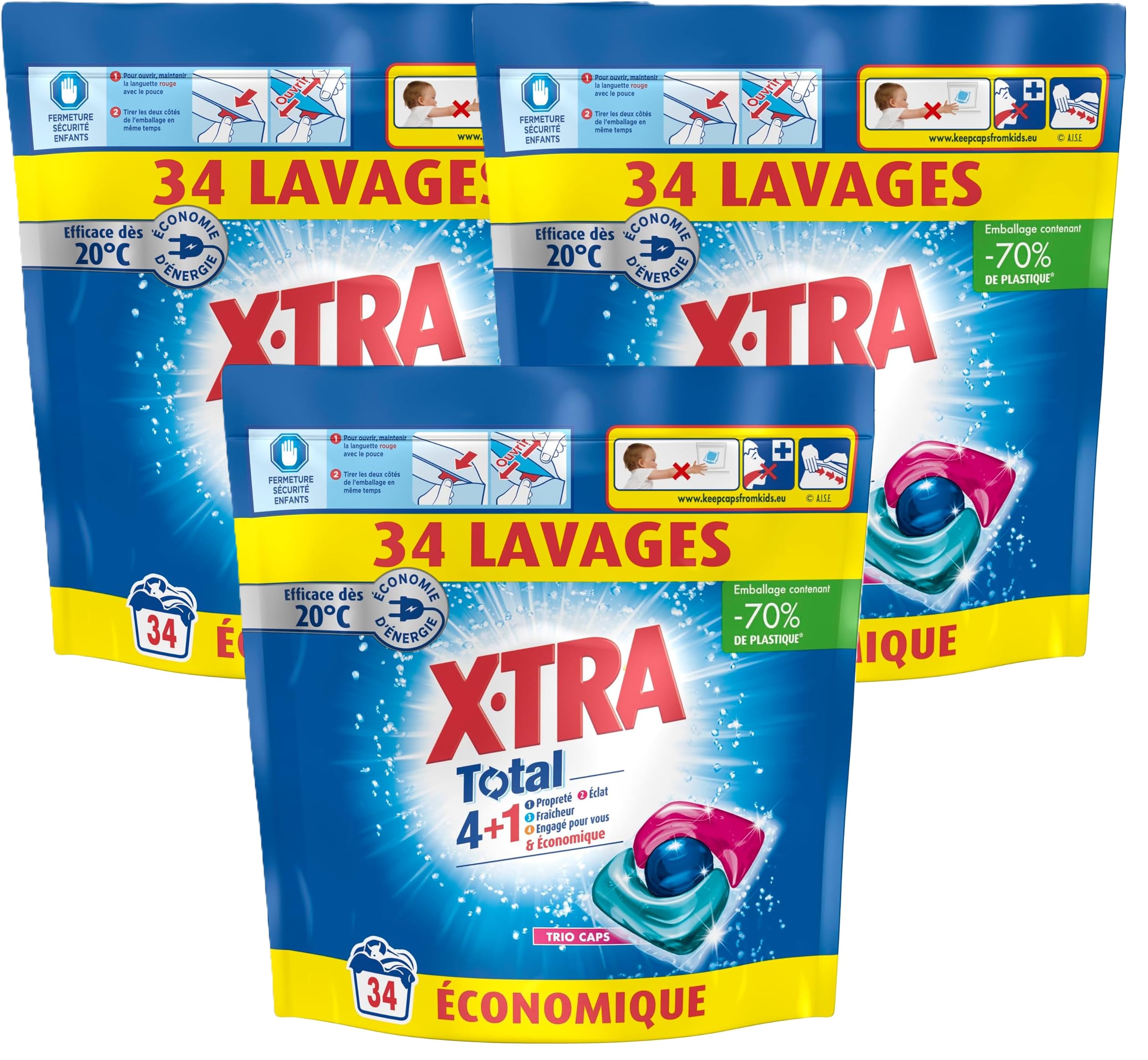 Xtra Total Lot de 3 Pack de Capsules de Lessive Trio-Caps 4 plus 1 Utilisateurs Grands Familles Doté de 4 Formules et 1 