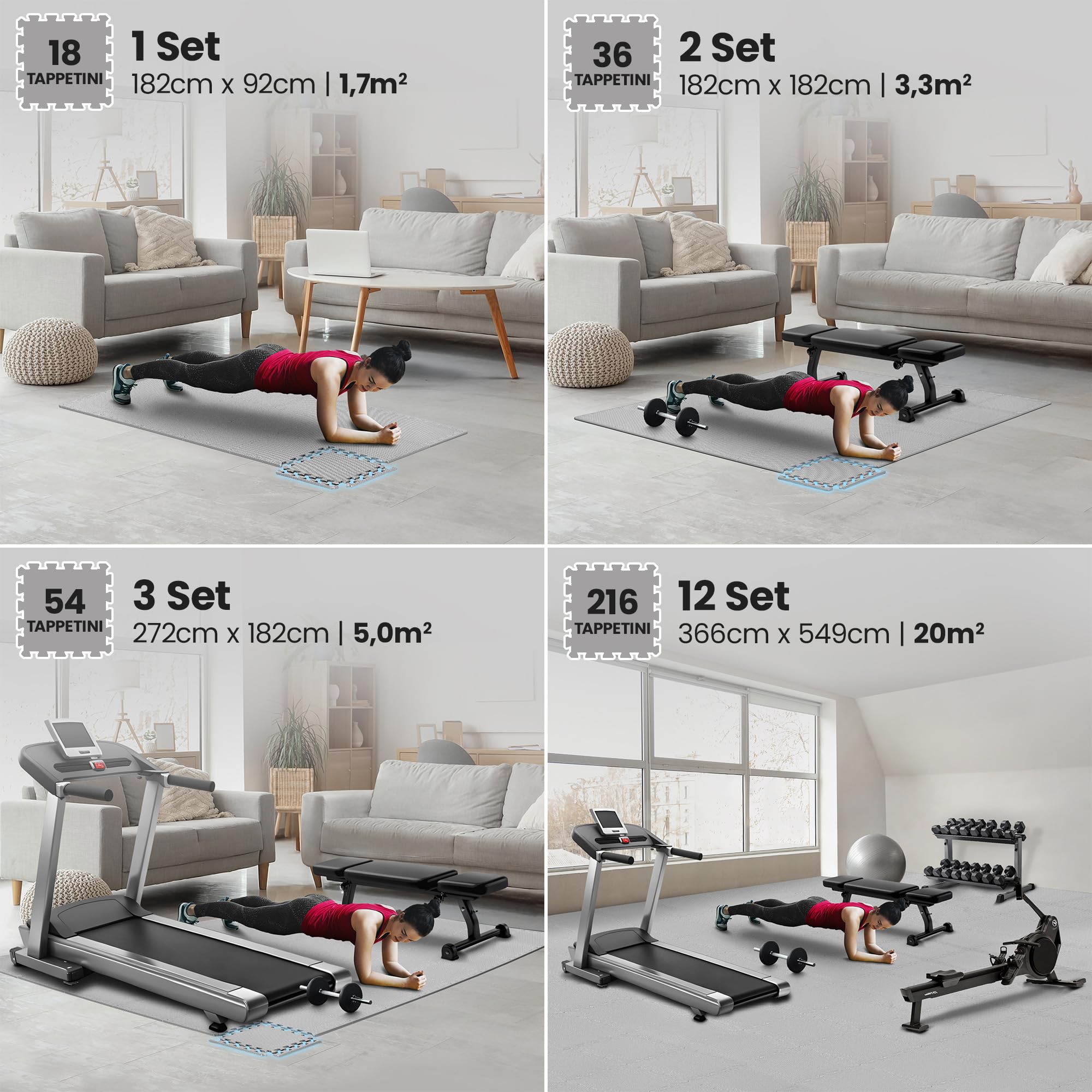 Tappeto da ginnastica a puzzle – set di 18 pezzi | superficie di protezione per pavimenti | materassino per palestra, workout, fitness | tappetino facile da pulire | efficace contro i liquidi e urti