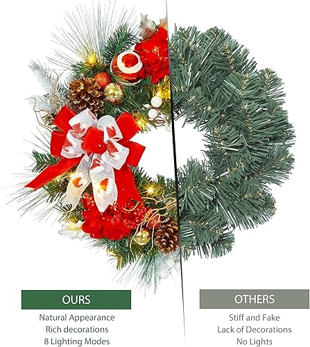 Miniatura 2 de Corona de Navidad preiluminada de 24 pulgadas con luces, guirnalda de Navidad a pilas con decoraciones, corona para puerta delantera, porche, pared,