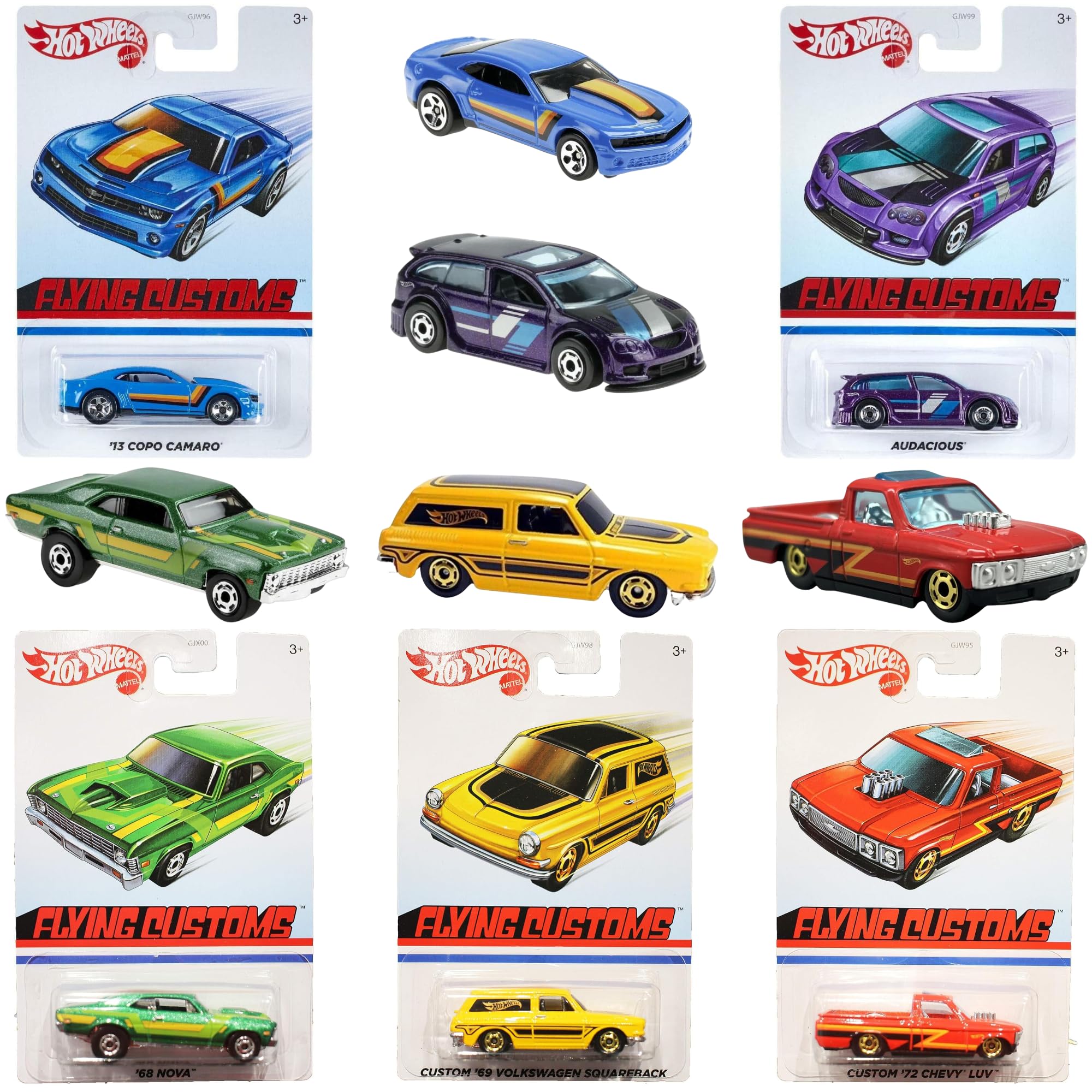 Hot Wheels Flying Customs 1:64 Scale Die Cast Toy Cars - '13 Copo Camaro, Audacious, '68 Nova, '69 VW Squareback, & '72 Chevy Luv - Pack of 5