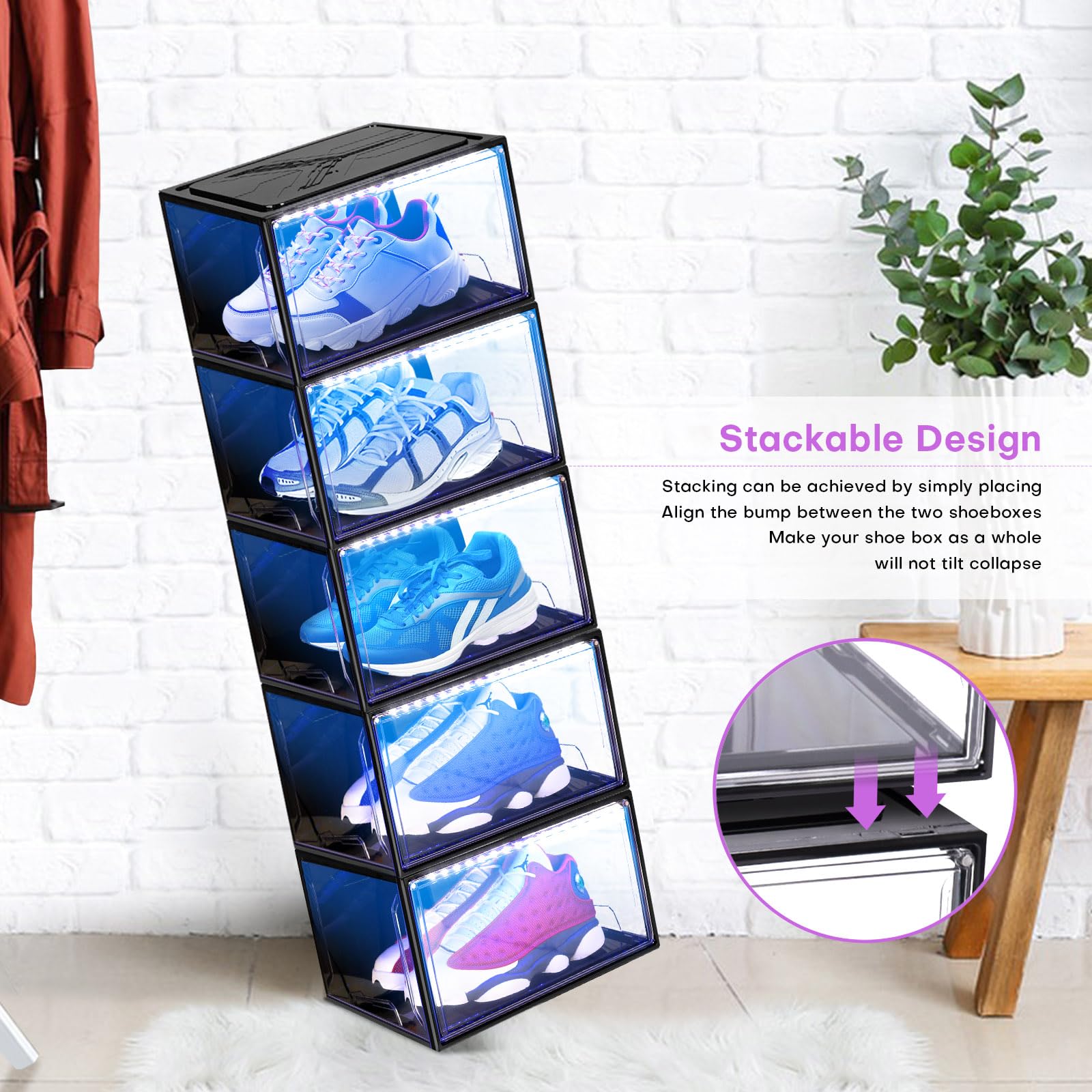 Oltraman Organizer per scarpe per armadio, scatole per scarpe pieghevoli, confezione da 2, contenitori impilabili in plastica trasparente, supporto magnetico per scarpe da ginnastica con luci a LED