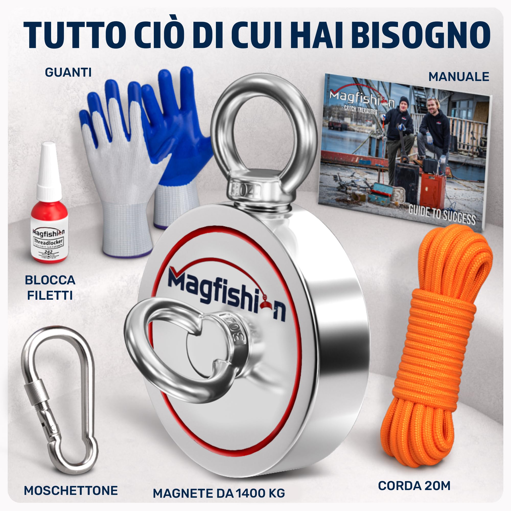MAGFISHION Calamita Potente - Set di Magnete da Pesca - Forza di Trazione 1400KG (2x 700kg) - Ø135mm - Magneti al Neodimio - Calamite Potenti con Corda (20M) & Guanti - Magnet Fishing