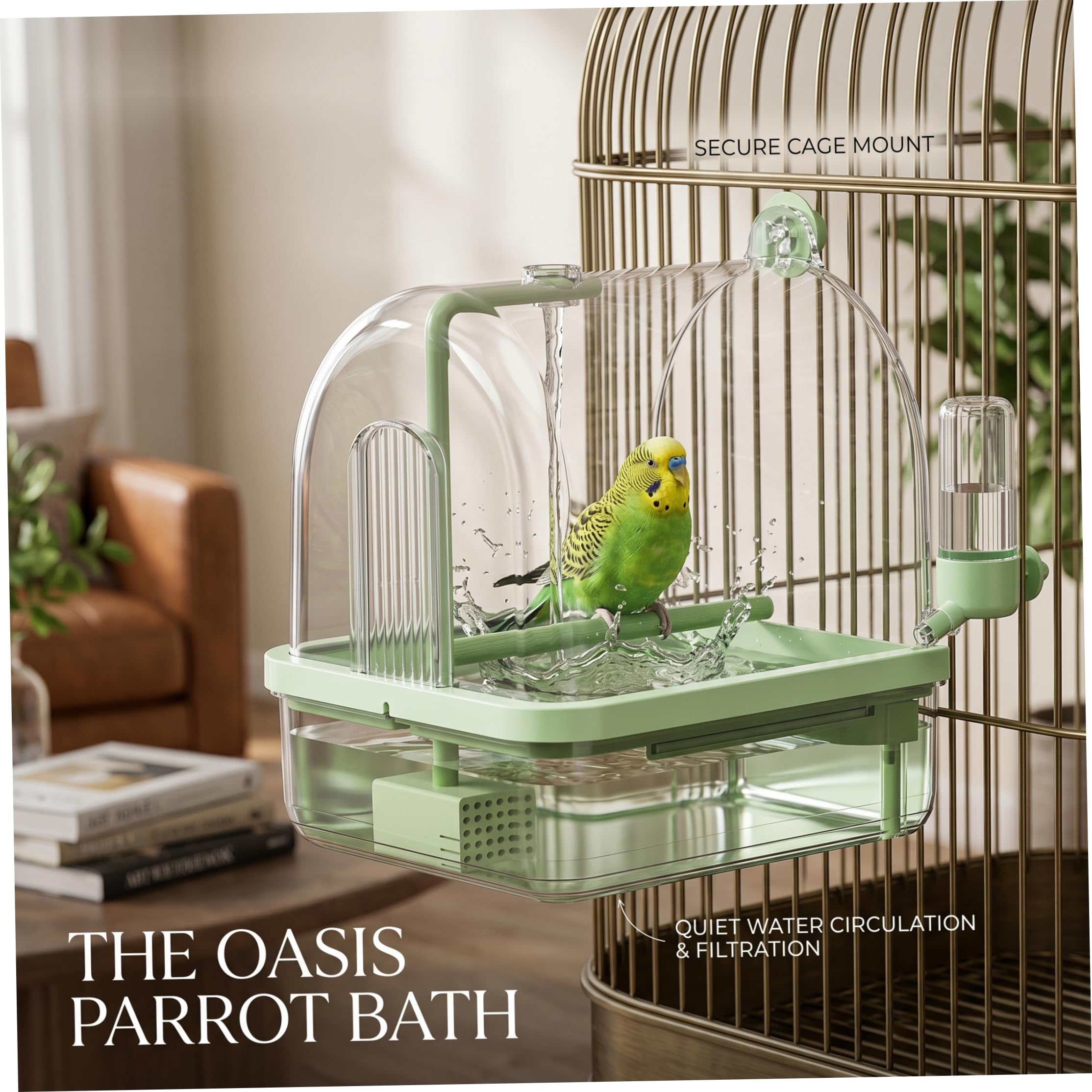 Abbeveratoio automatico per uccelli da interno, pappagallo trasparente con accessori per gabbia filtrata circolante, verde