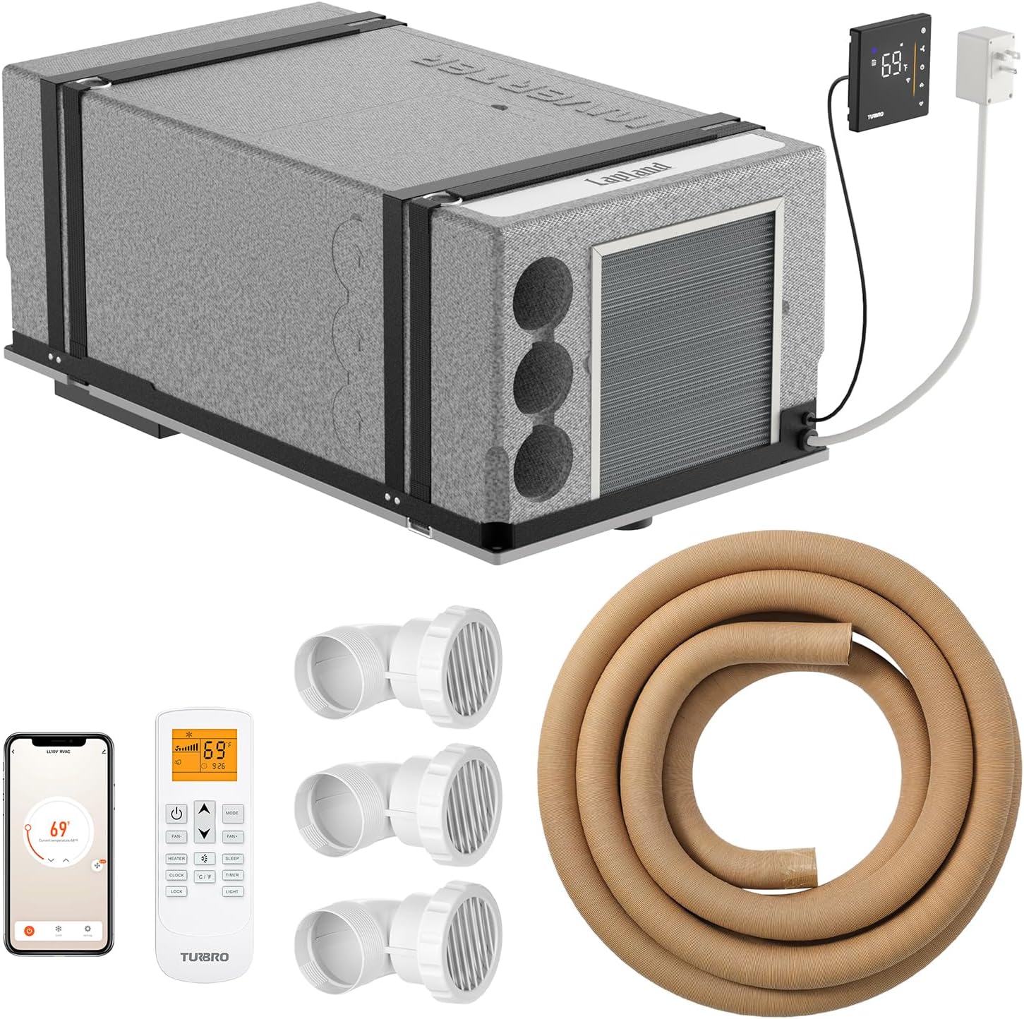 TURBRO Inverter Under Bench RV Air Conditioner with Heat Pump, 115V, High Energy Efficiency, Wall Pad Thermostat, 32.8 ft Air Duct, Hidden Design, Remote and App Control, for Camper, Trailer, Van