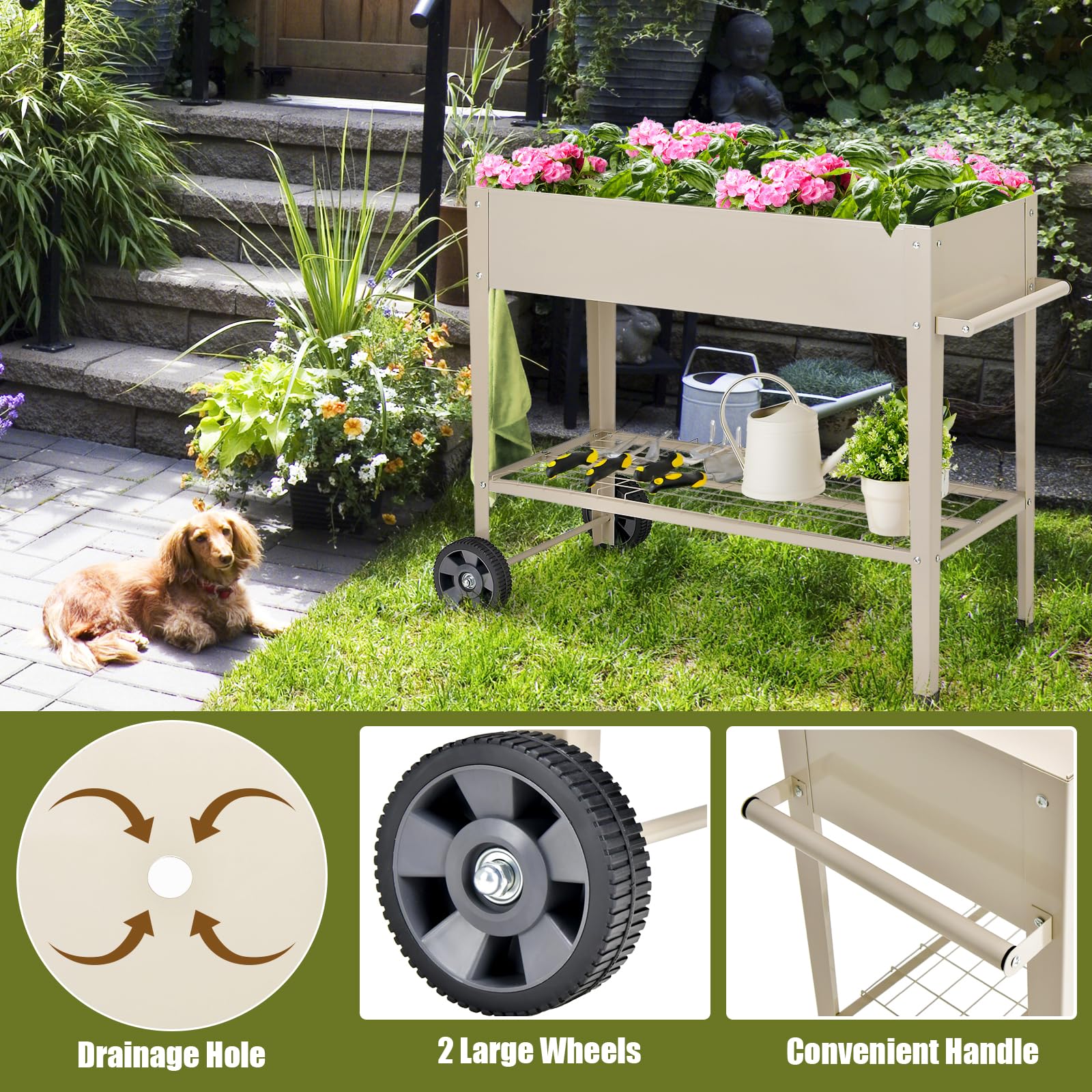 HOMASIS Cama Elevada para Jardín con 2 Ruedas, Maceta Grande Elevada de Metal con 2 Ganchos, Maceta Móvil para Verduras, Flores, Hierbas, Patio, 95 x 40 x 80 cm (Beige)