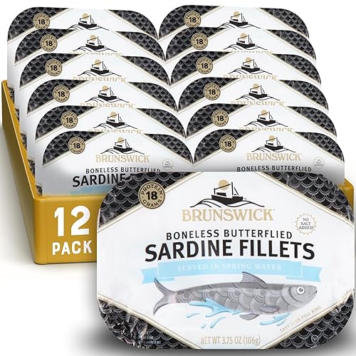 Brunswick Filetes de sardina en agua, lata de 3.75 onzas (paquete de 12)  Sardinas atrapadas salvajes en agua de manantial  0.63oz de proteína por