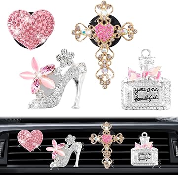 Rislobx 4PCS Bling Air Vent Clips, Crystal Diamond Heart Cross High Heel Shoe Perfume Bottle Diffuser Vent Clip Cute Rhinestone Car Accessories Decoration for Women Pink