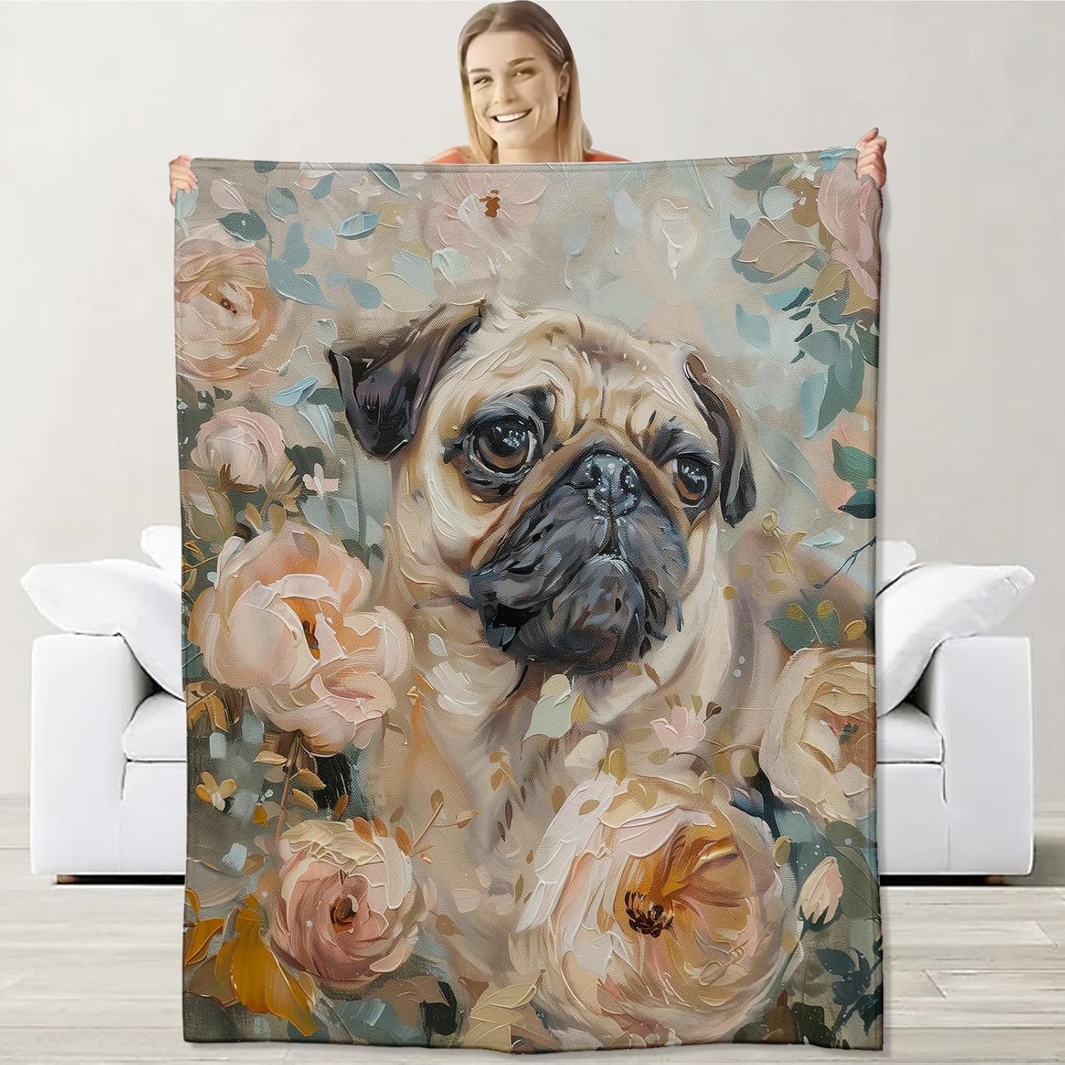 Pug Blanket for Kids Girls Pug Lovers, Flannel Pug Blankets Gifts, Floral Flower Pug Throw Blanket for Sofa Couch Bed Living Room Soft Warm Cozy Pug Decor 60" x 50"
