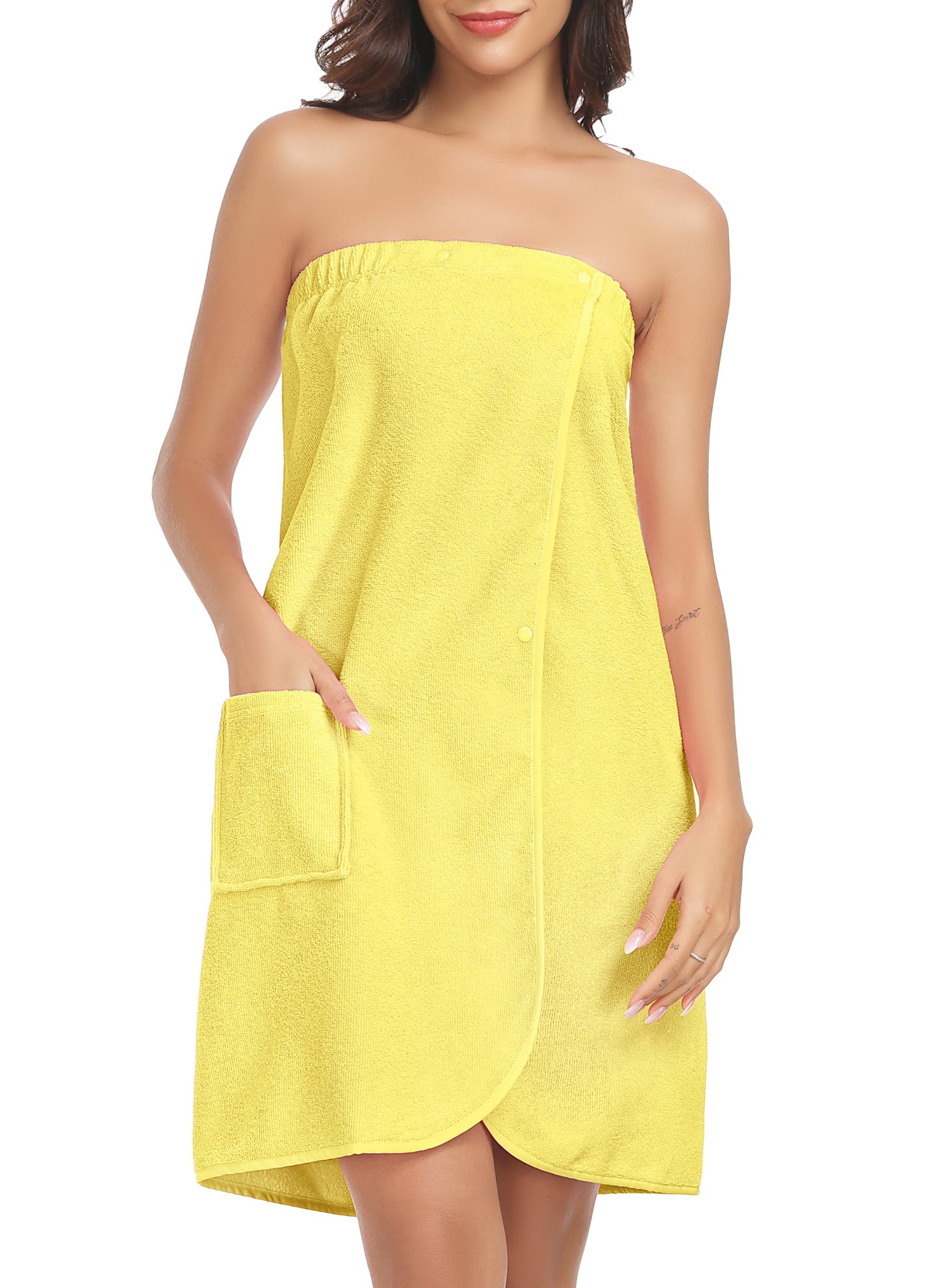 Lovasy Sauna Bademantel Damen Frottee Saunatuch Saunakilt mit Taschen, Druckknopf und Gummizug